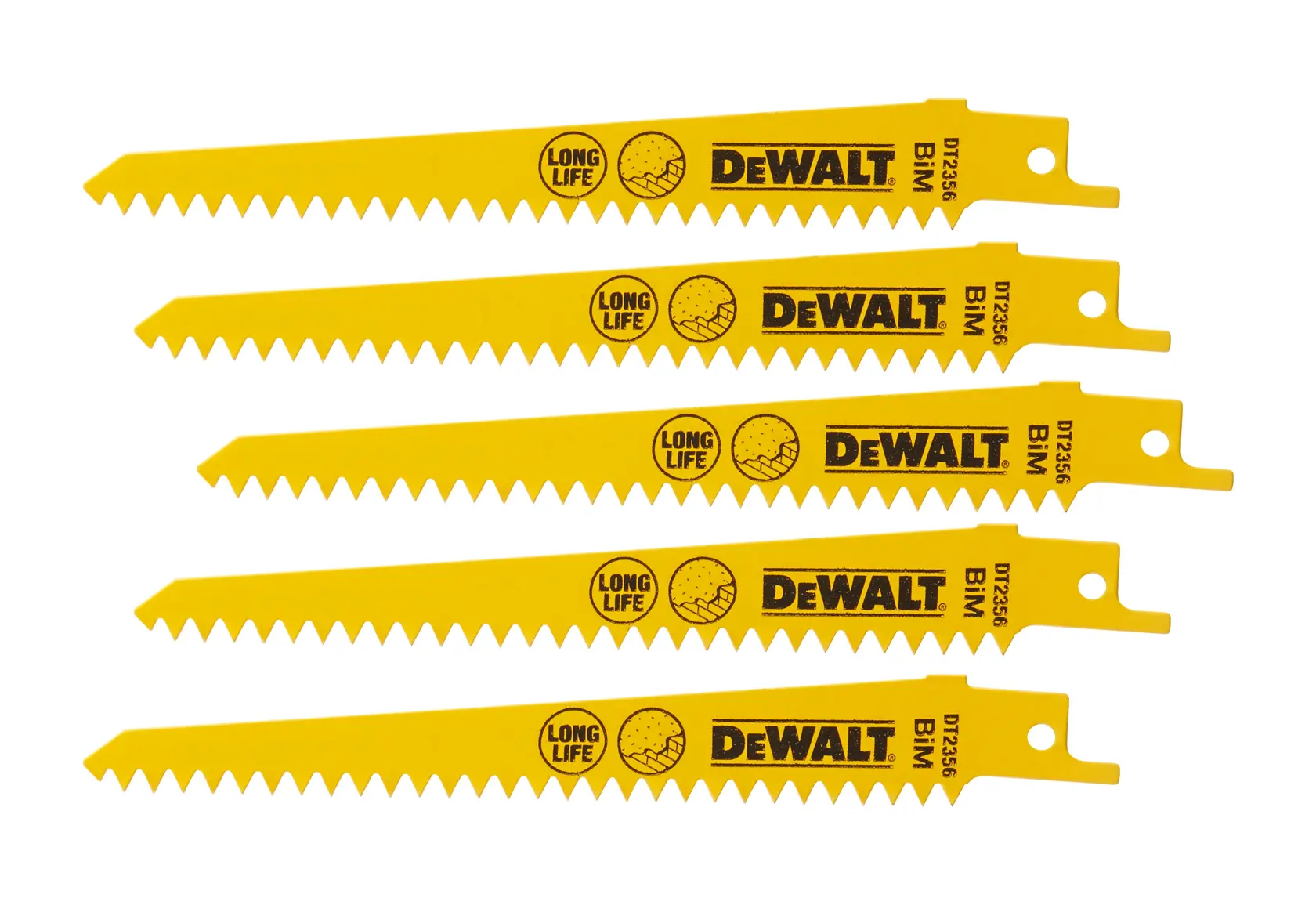 Vier gelbe DEWALT DT2356 Sägeblätter mit 'LONG LIFE' und 'BIM', nebeneinander angeordnet.