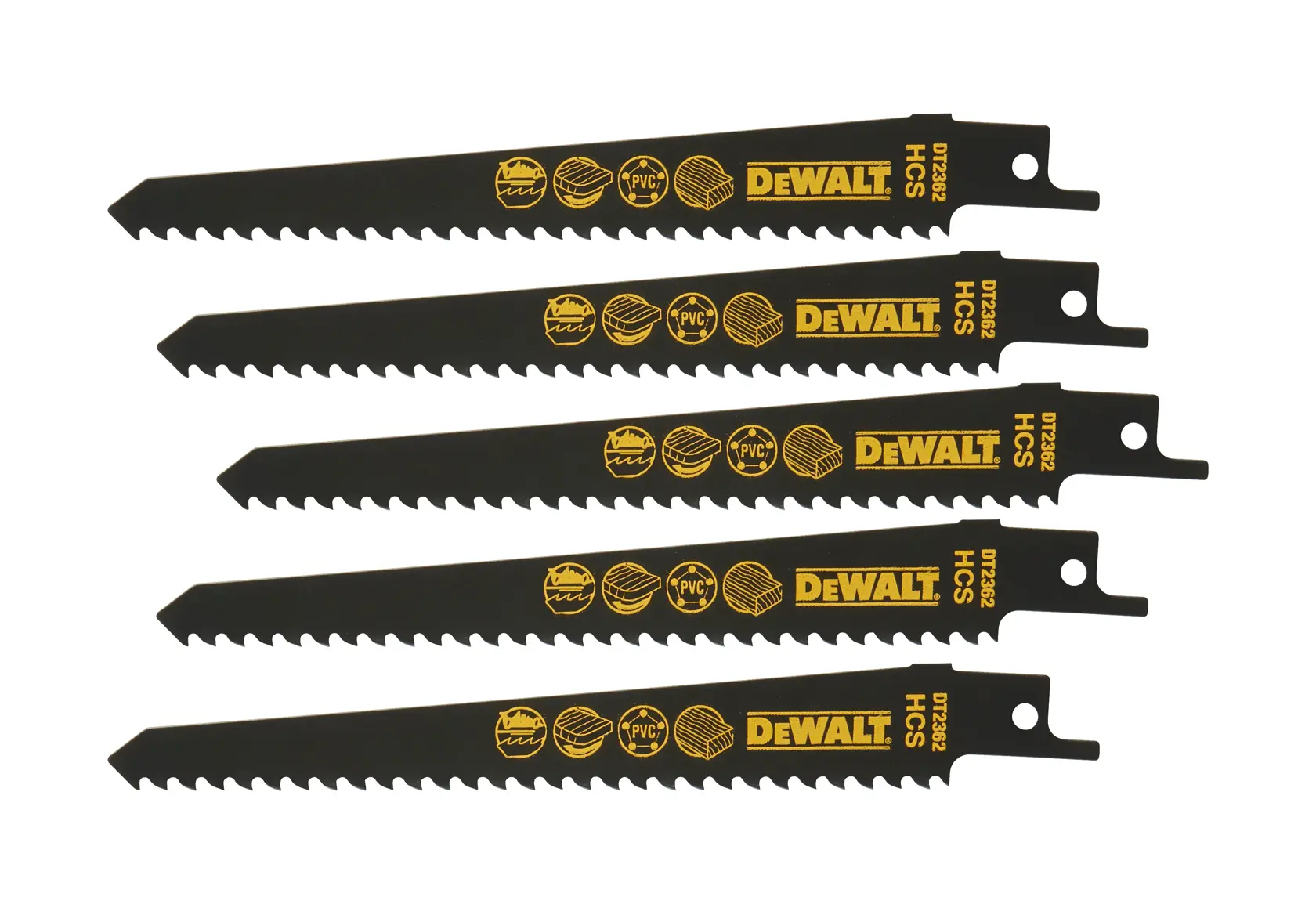 Fünf DEWALT DT2362 Säbelsägeblätter für Holz und PVC, schwarz mit gelber Beschriftung.