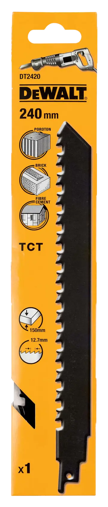 DEWALT DT2420 240mm Sägeblatt in gelber Verpackung, für Ziegel, Poroton und Faserzement geeignet.