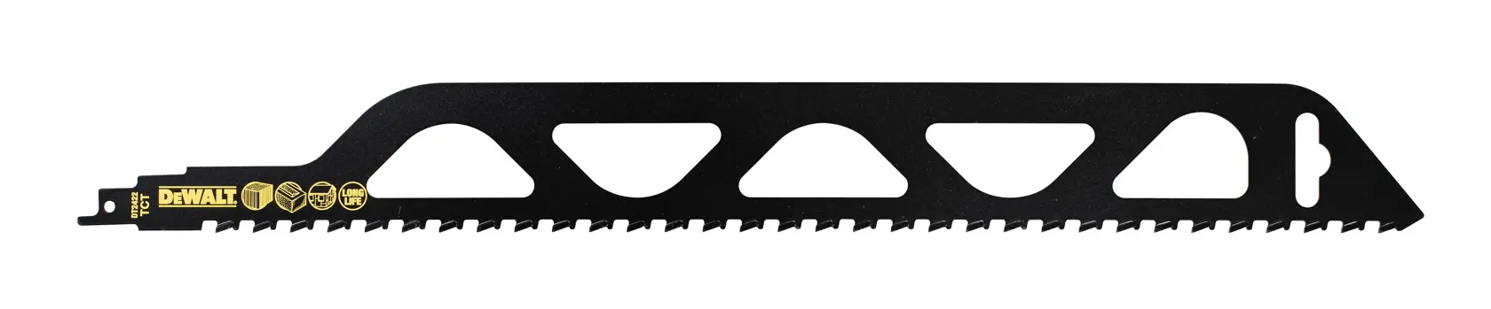 DEWALT DT2422 schwarzes Sägeblatt mit schrägen Zähnen und Ausschnitten, auf weißem Hintergrund.