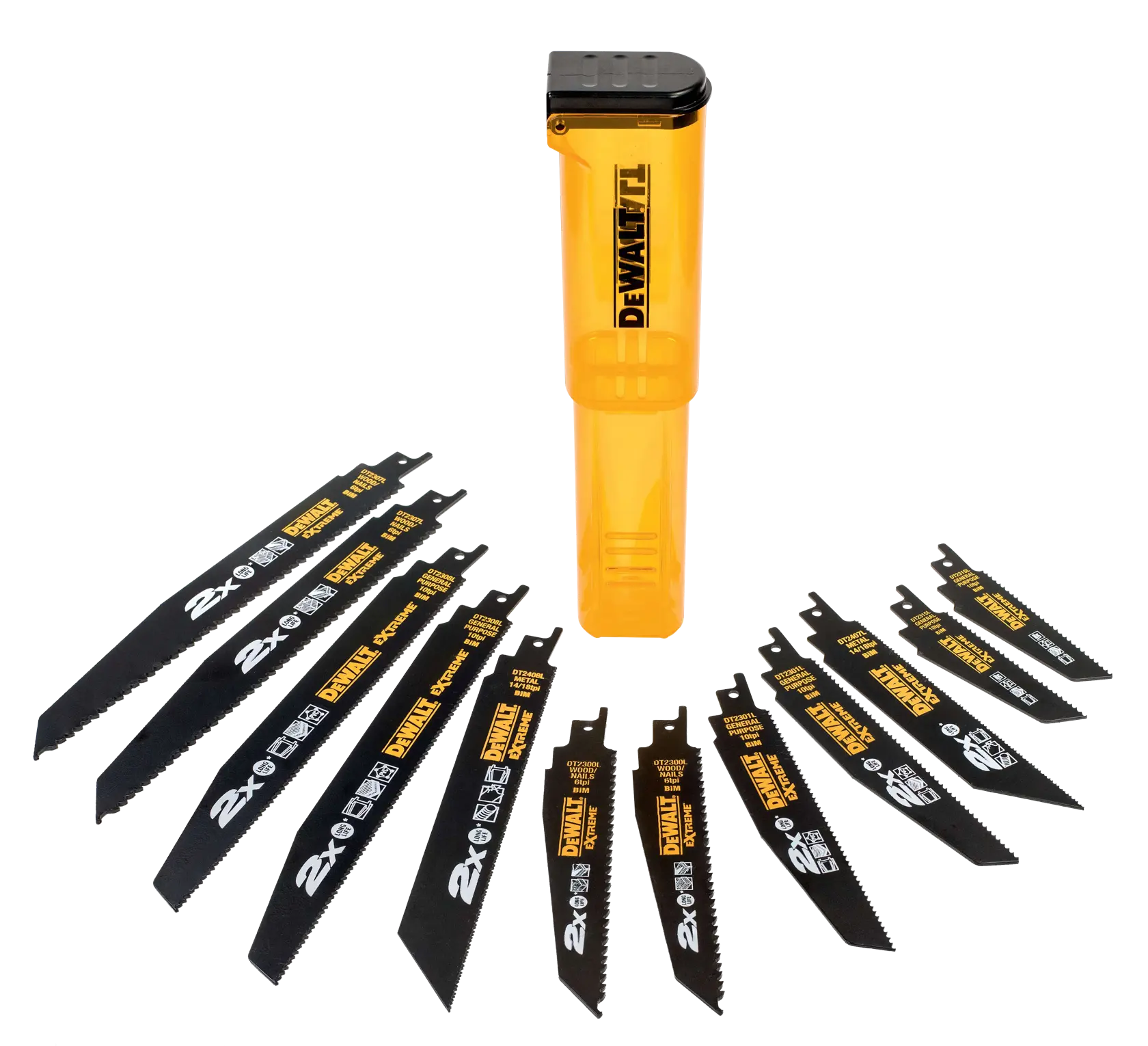 DEWALT DT2441L Säbelsägeblatt-Set mit gelbem Aufbewahrungsetui, einschließlich mehrerer schwarzer Klingen in einem Halbkreis angeordnet.