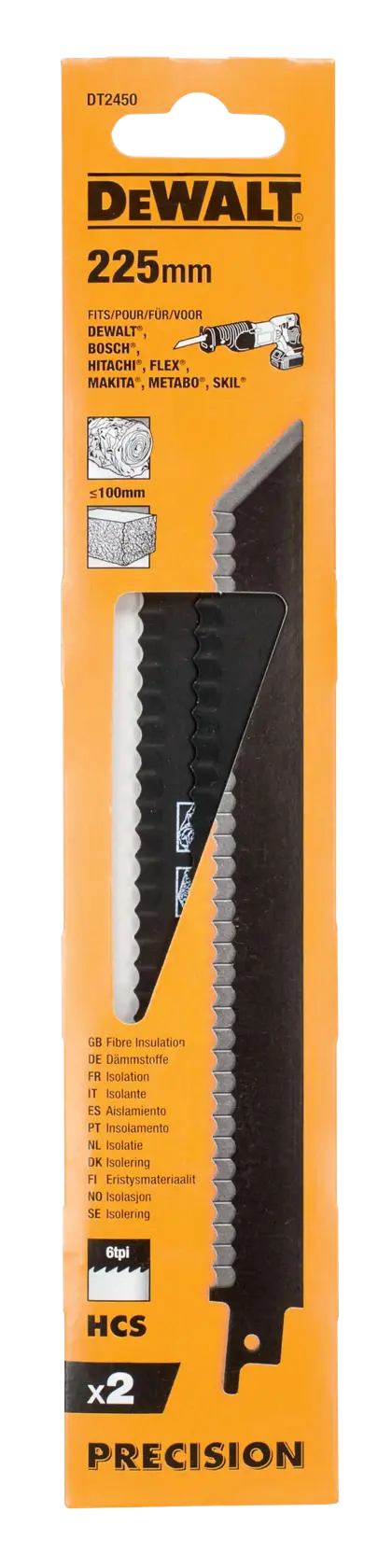 DEWALT DT2450 225mm Sägeblätter für Isolierung, zwei Blätter in orangefarbener Verpackung.