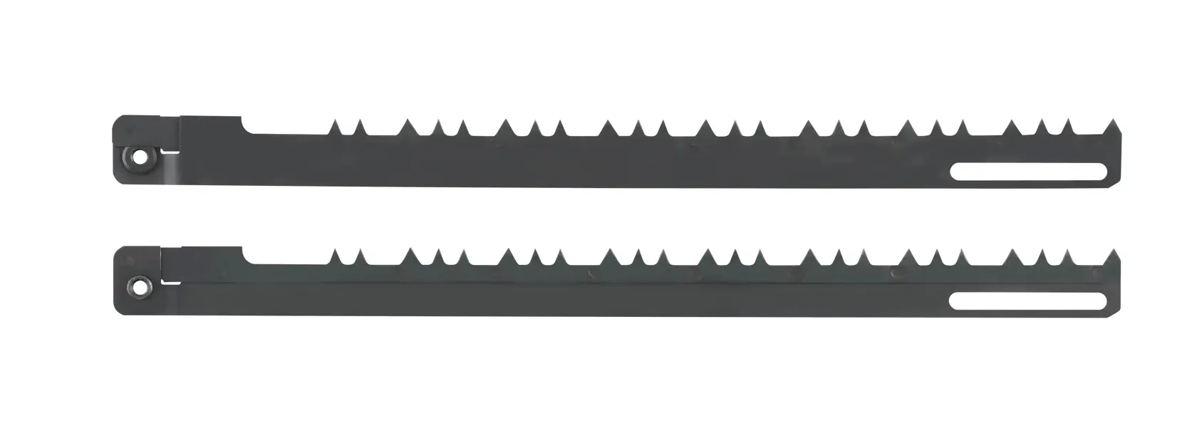 Zwei DEWALT DT2960 Sägeblätter mit scharfen Zähnen, nebeneinander auf weißem Hintergrund gezeigt.
