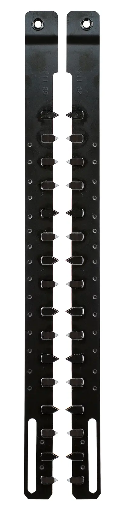 Schwarzes DEWALT Ersatzmesser für Heckenschere, zwei lange Streifen mit Zähnen und Befestigungslöchern.