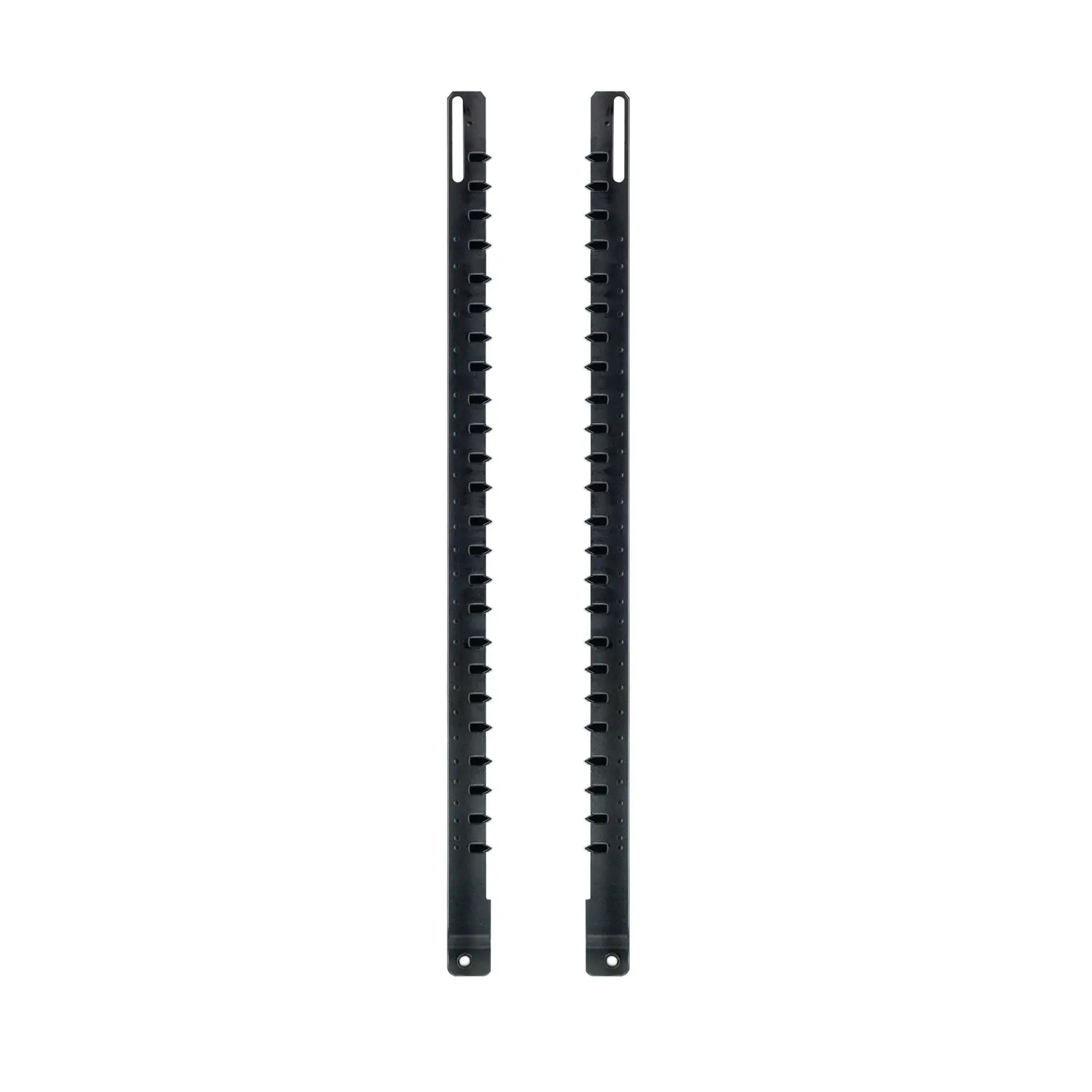 Zwei schwarze DEWALT DT2964 Kunststoff-Führungsschienen nebeneinander auf weißem Hintergrund.