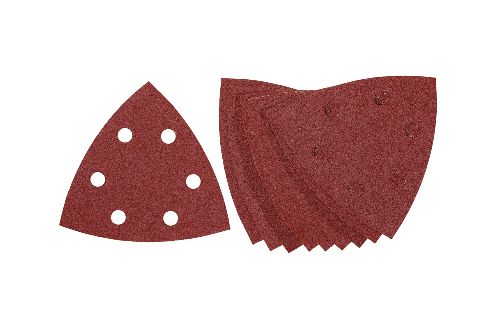 Un conjunto de hojas de lija triangulares rojas con seis agujeros, dispuestas en forma de abanico sobre fondo blanco.