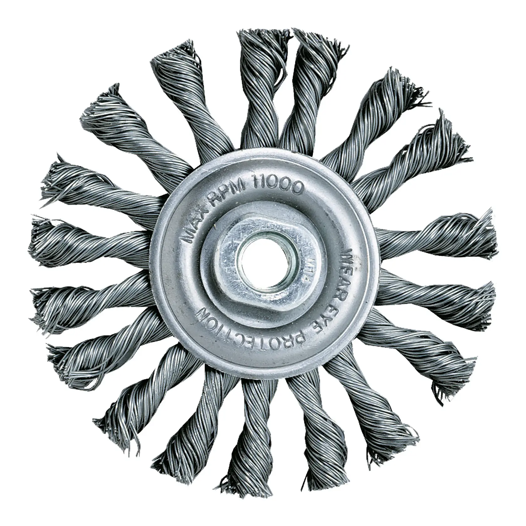 Nahaufnahme einer DEWALT Drahtbürstenscheibe mit eng gewickelten Metallborsten, die kreisförmig angeordnet sind, typischerweise verwendet zum Reinigen, Entgraten und zur Oberflächenvorbereitung.