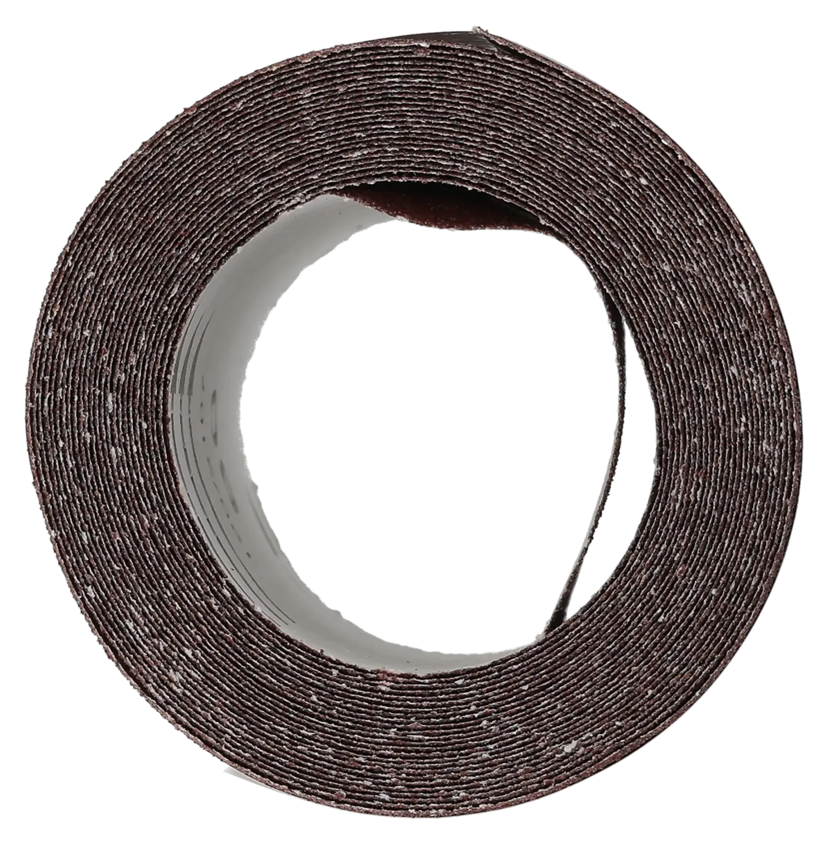 Rolle braunes Schleifpapier, von vorne gesehen mit spiralförmigen Schichten und rauer Oberfläche.