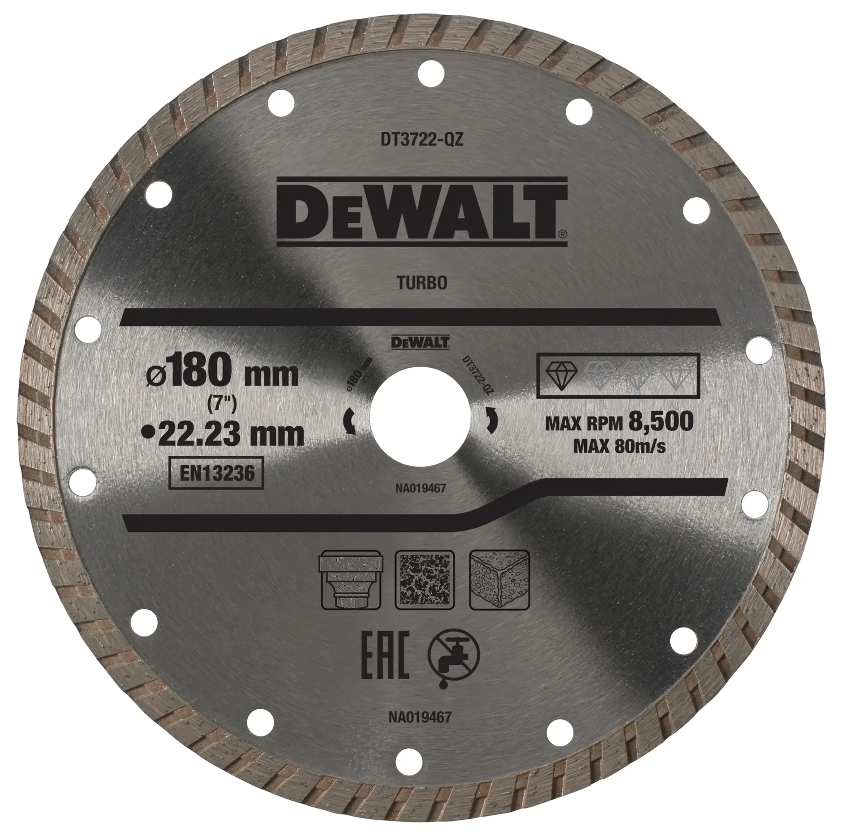 DEWALT DT3722 Diamantsägeblatt, 180 mm, Turbo, zum Schneiden von Stein, max. 8.500 U/min.