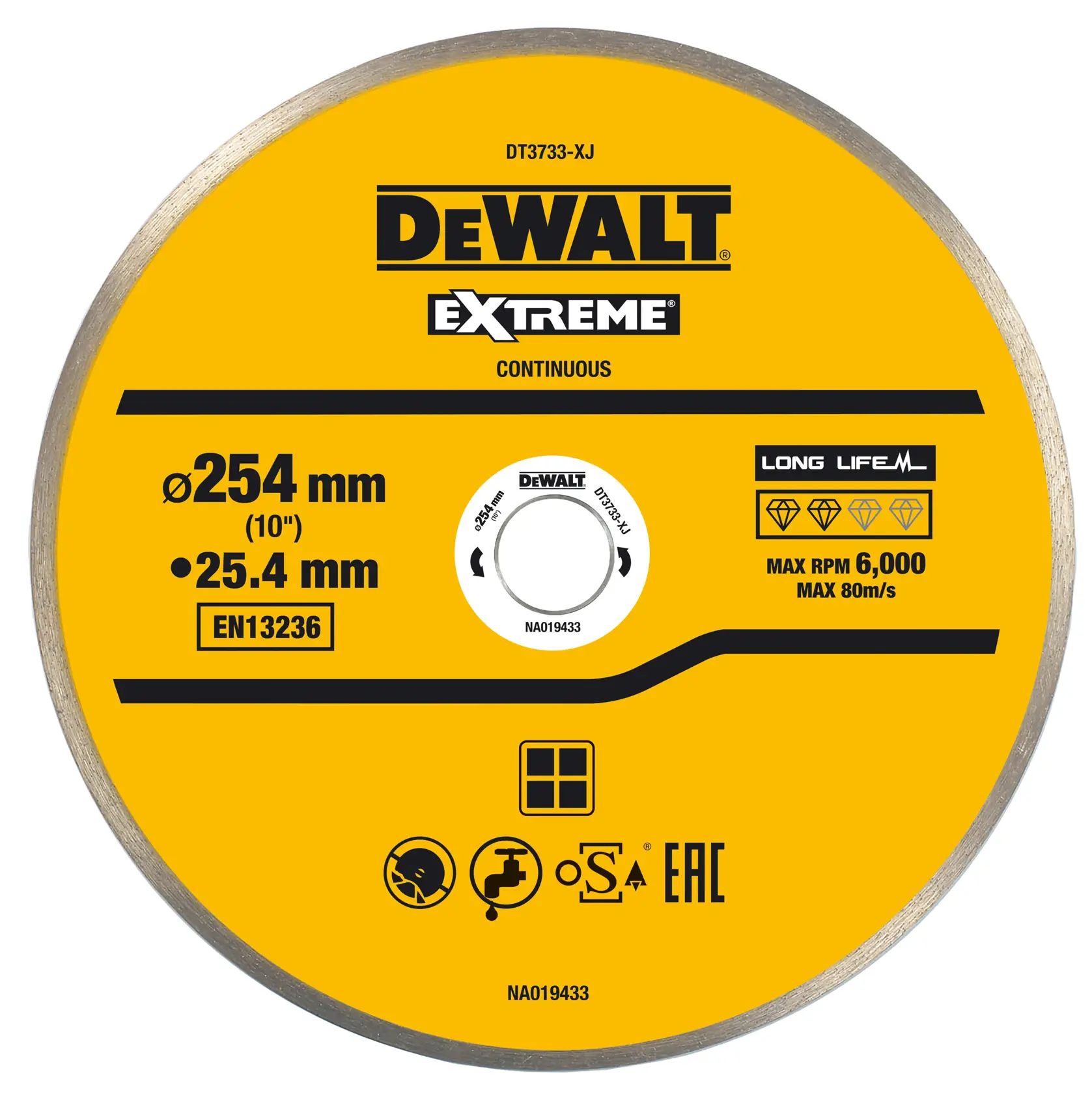 Disco de corte diamantado DEWALT Extreme Continuous amarillo, modelo DT3733-XJ, con un diámetro de 254 mm y agujero de 25,4 mm. Diseñado para larga duración, con velocidad máxima de 6.000 RPM y 80 m/s. El disco muestra marcas de certificación y especificaciones técnicas en la etiqueta.
