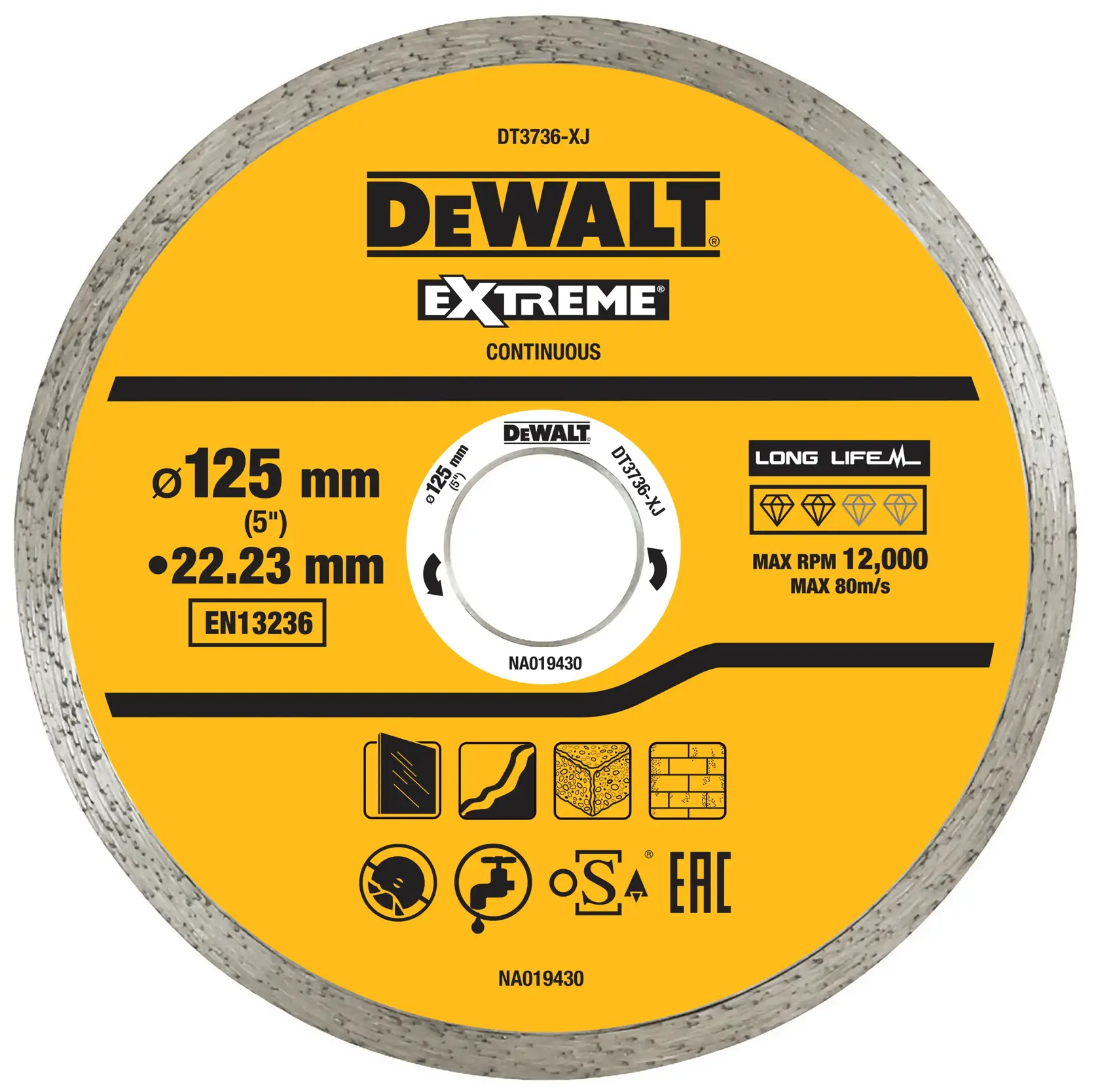DEWALT DT3736 Diamantscheibe, 125 mm für Mauerwerk und Fliesen, gelbes Etikett mit Angaben.