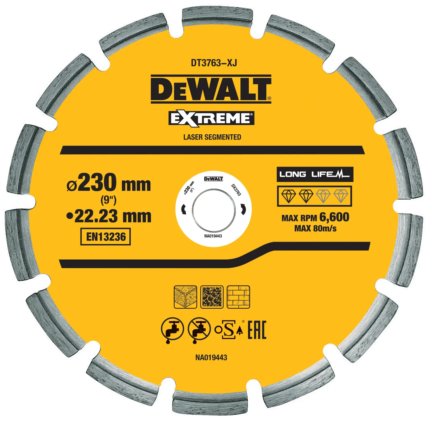 DEWALT DT3763 Extreme segmentierte Diamantsägeblatt, 230mm, gelb mit Produktdetails bedruckt.