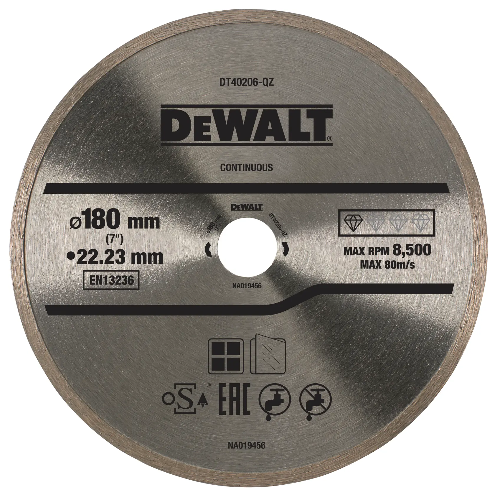 DEWALT DT40206 180 mm Diamantscheibe mit Spezifikationen und Sicherheitssymbolen.