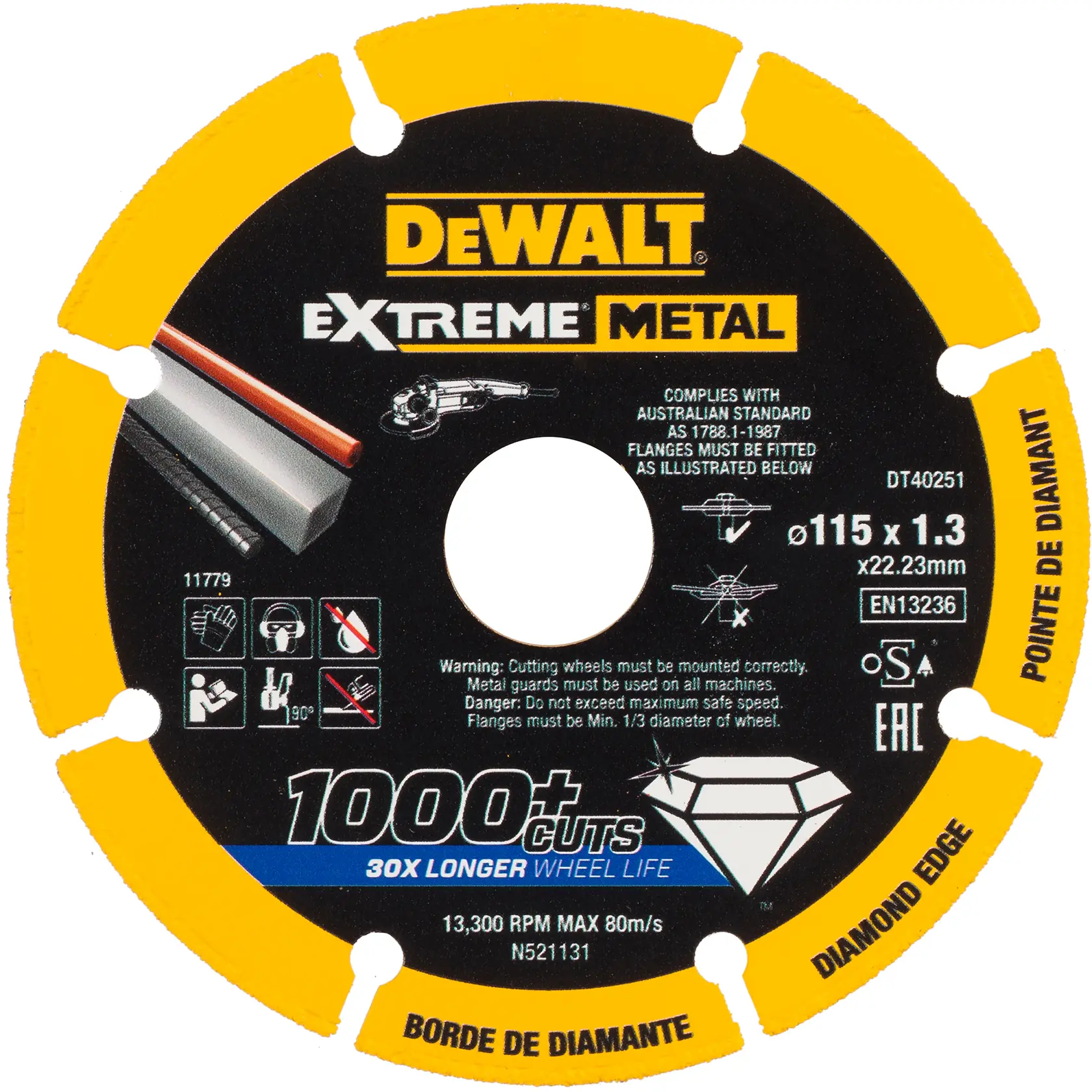 Disco de corte DEWALT Extreme Metal con borde de diamante, 115mm, negro y amarillo, para metal, DT40251.