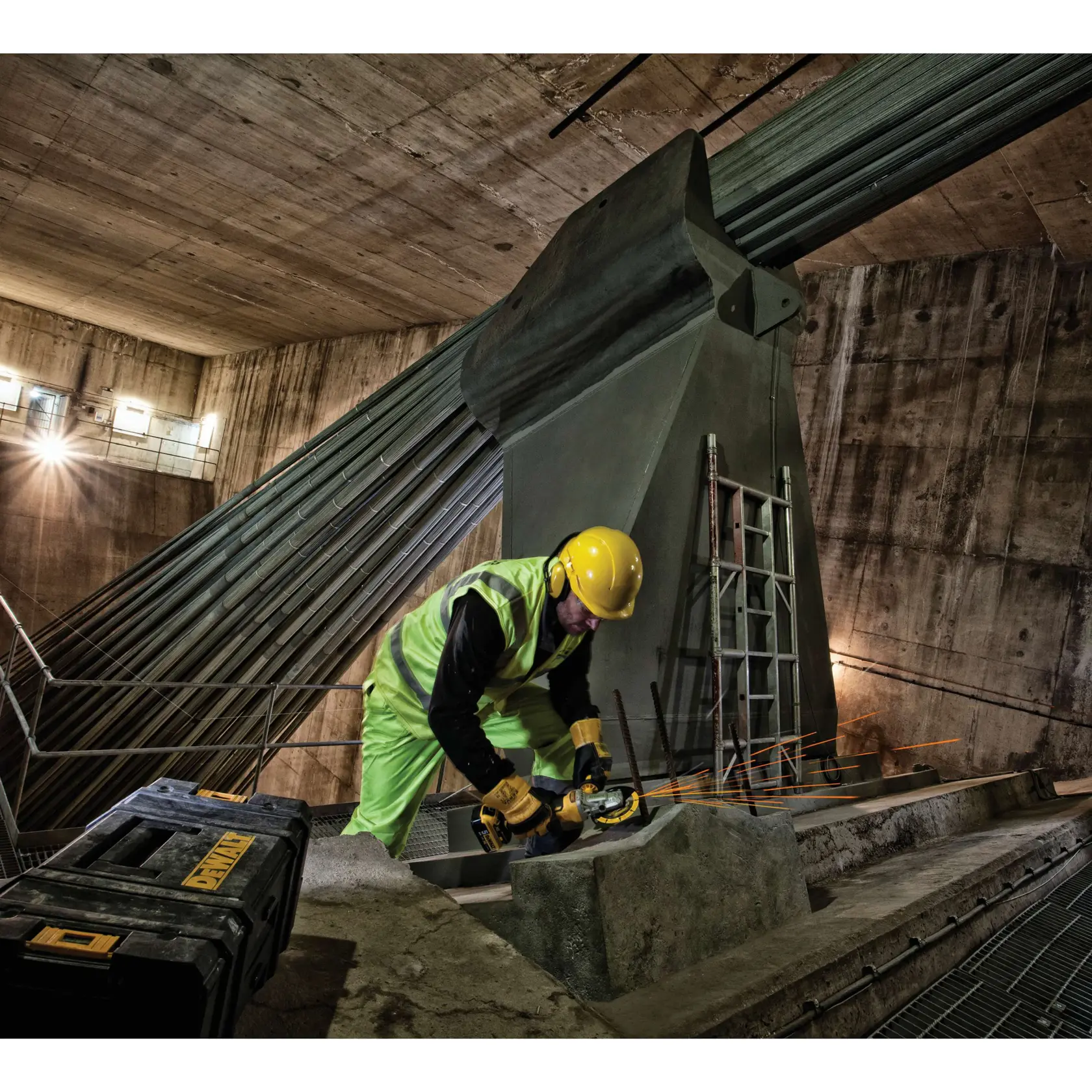 Trabajador usa herramienta DEWALT para pulir metal en entorno industrial, con protección. Caja DEWALT visible.