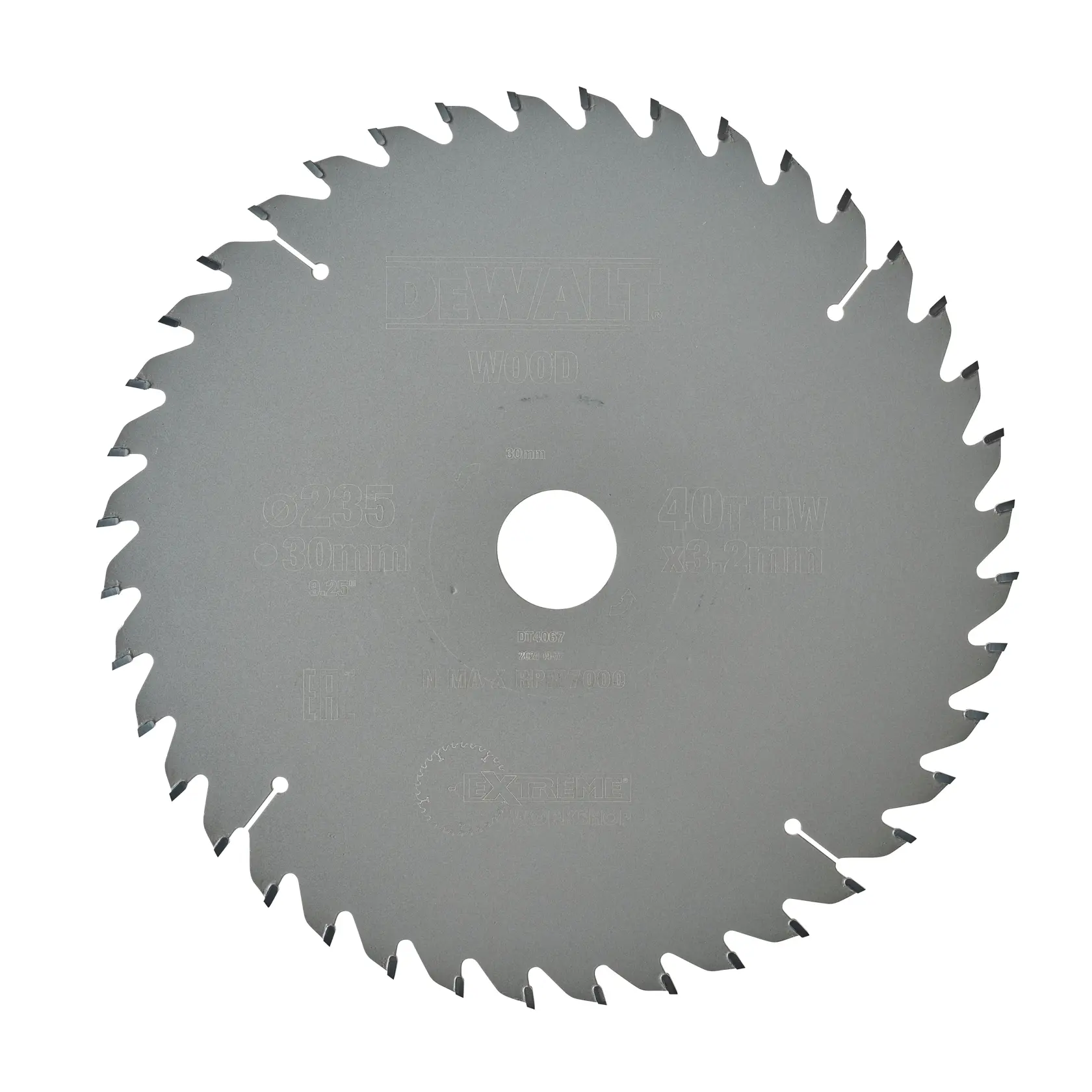 Hoja de sierra circular DEWALT DT4067 para carpintería, con 40 dientes afilados y un agujero central de montaje.