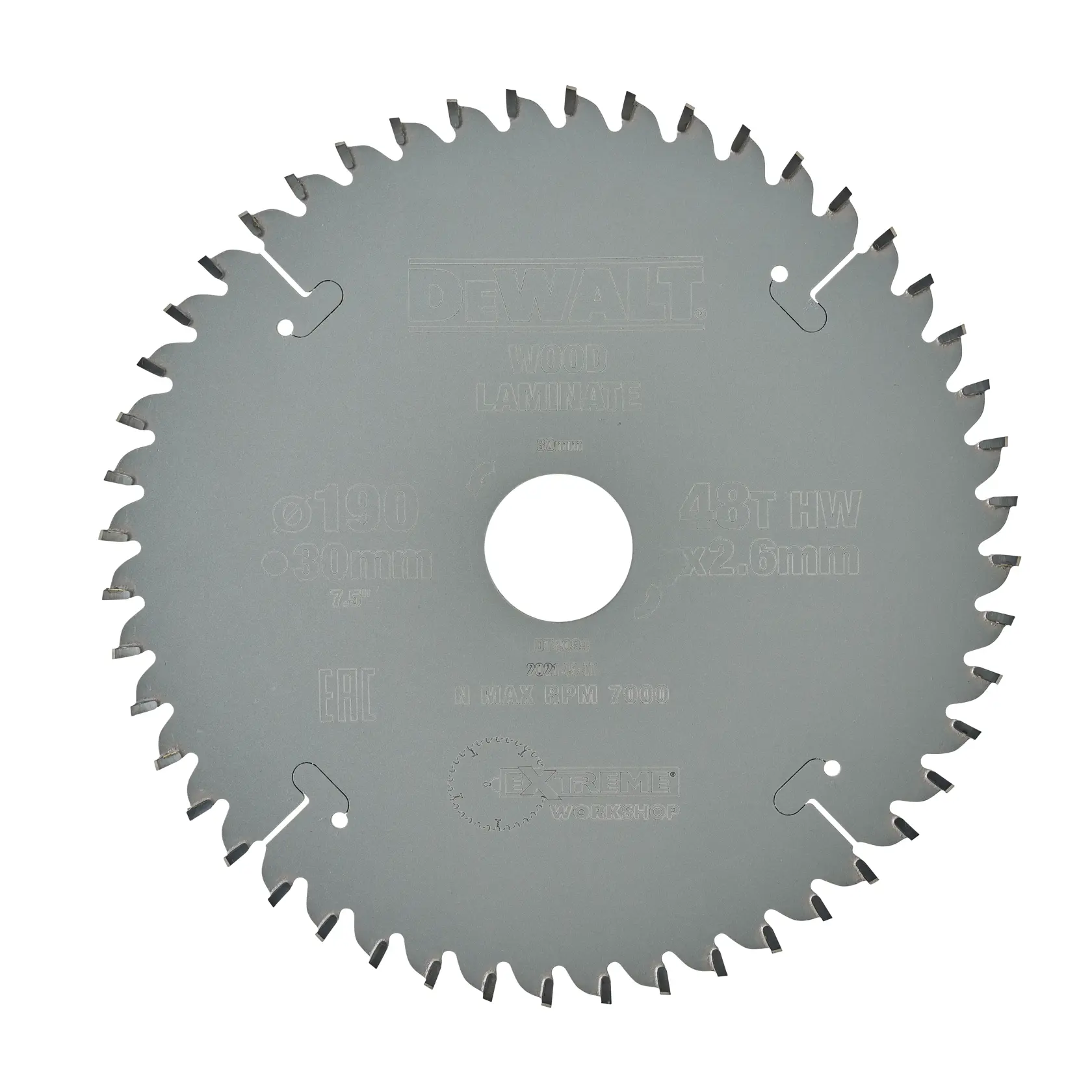 DEWALT DT4094 Kreissägeblatt für Holz und Laminat, 190mm, 48 Zähne, silberfarben.