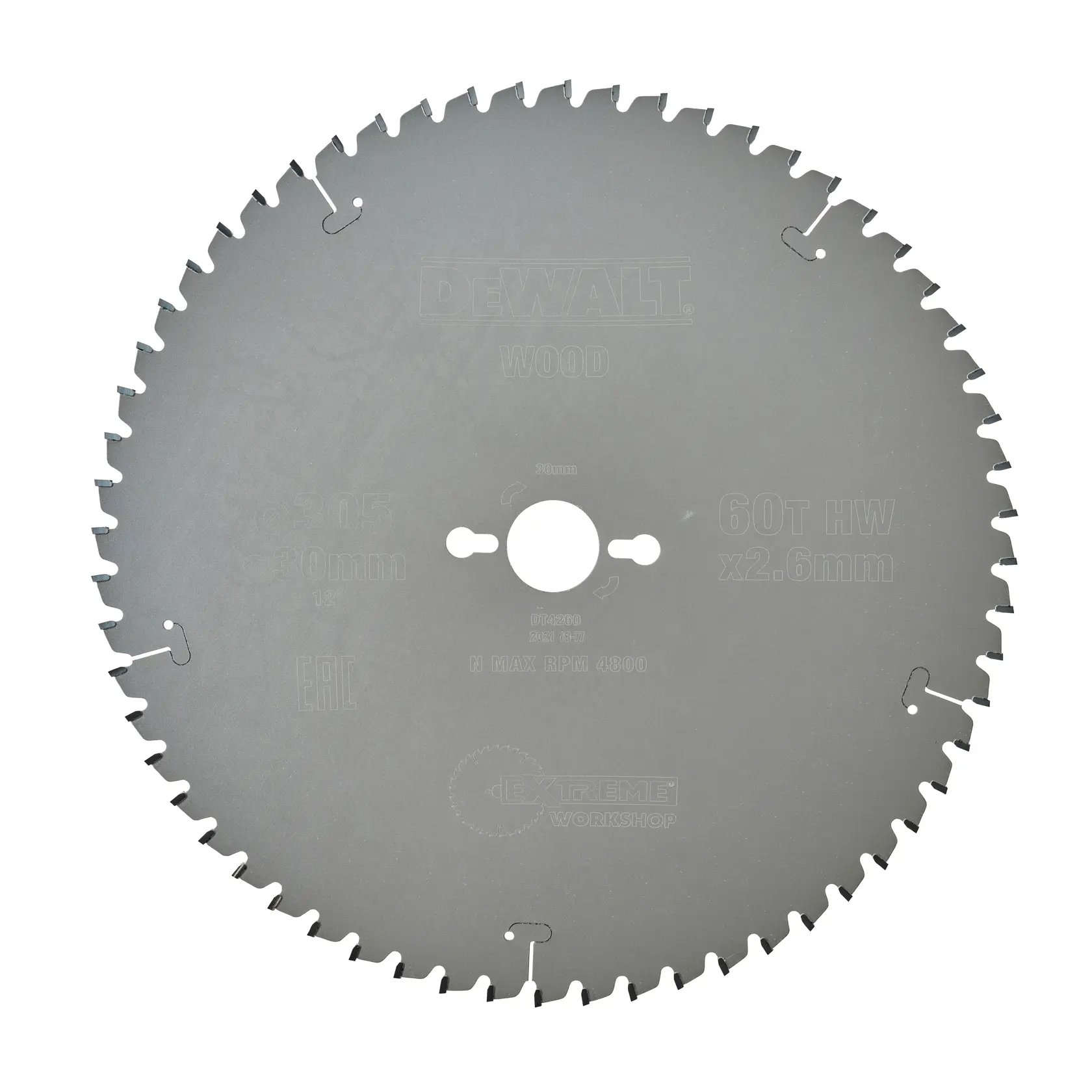 Hoja de sierra circular para madera, de la marca DEWALT, con 60 dientes. La hoja muestra especificaciones como diámetro de 305 mm y grosor de 2,6 mm.
