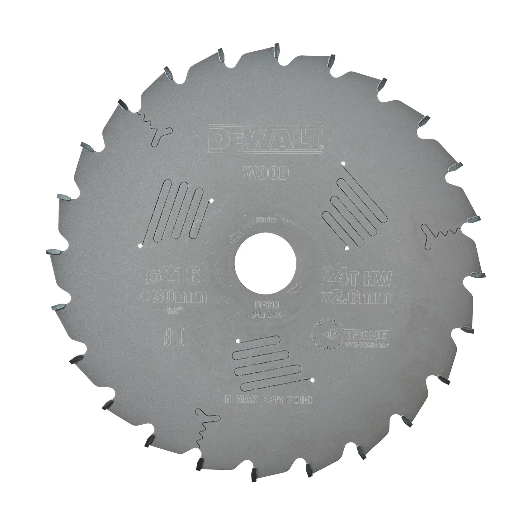 Hoja de sierra circular DEWALT DT4310 para madera, 216mm, 24 dientes, color plata.