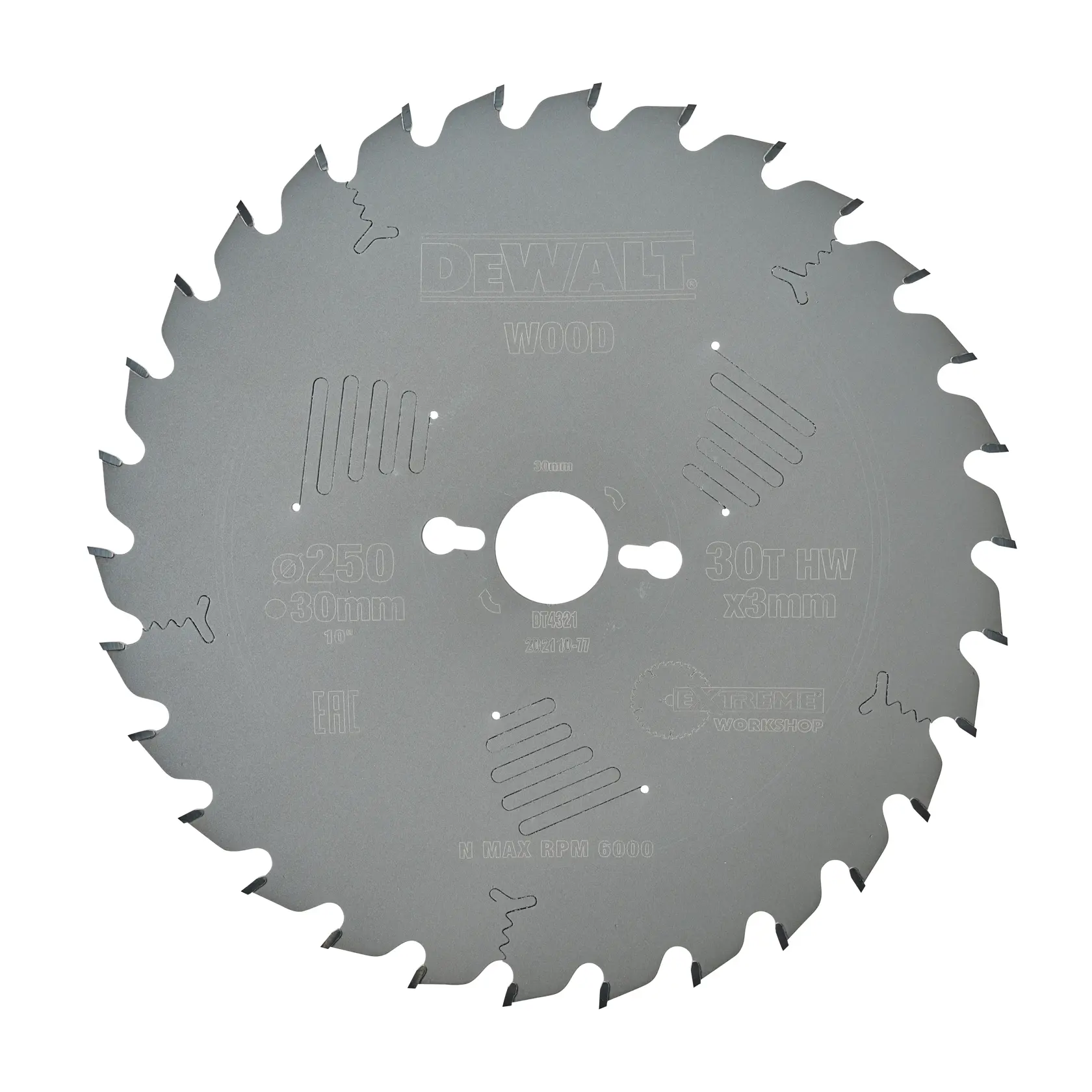 DEWALT DT4321 Kreissägeblatt für Holz, 250mm Durchmesser, 30mm Bohrung, 30 Zähne, HW, für Holzarbeiten.