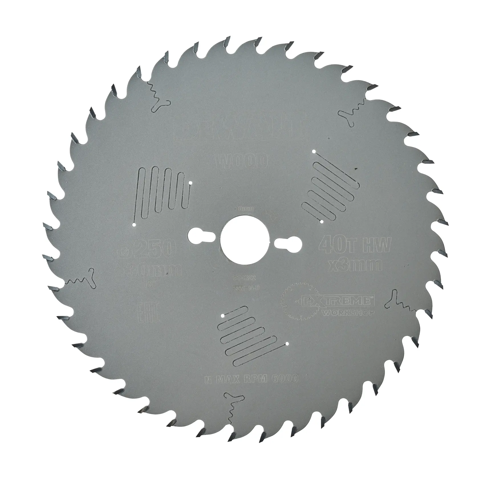 DEWALT DT4322 Kreissägeblatt für Holz, 40 Zähne, 250 mm Durchmesser, 30 mm Bohrung.
