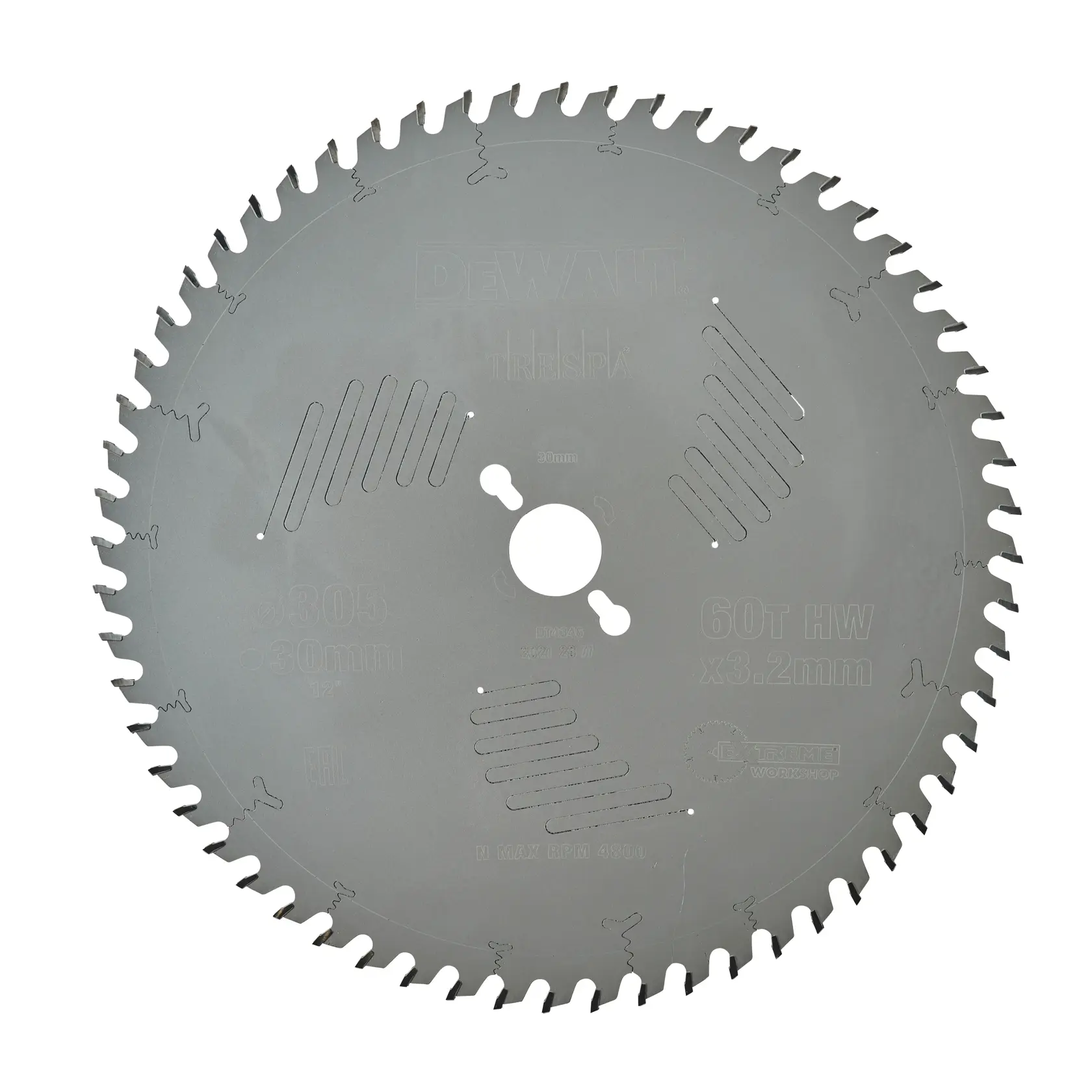 Ein DEWALT DT4346 Kreissägeblatt mit 60 Zähnen und präzisen Schnittschlitzen. Das Blatt ist metallisch und enthält detaillierte Gravuren zu den Spezifikationen wie 305 mm Durchmesser, 30 mm Aufnahme und 3,2 mm Dicke.