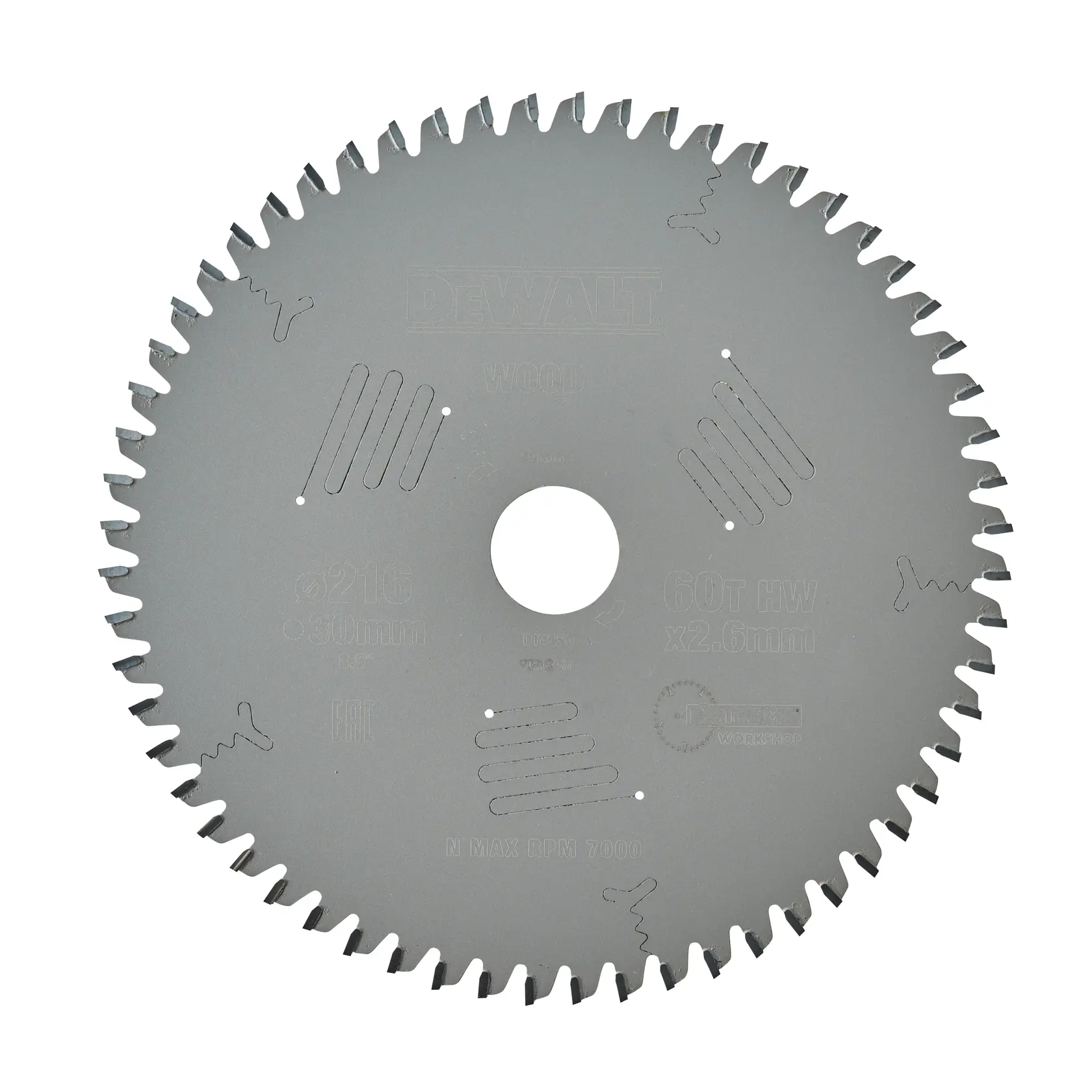 Hoja de sierra circular DEWALT para madera, color plateado con dientes afilados en todo el borde y un agujero central de montaje.