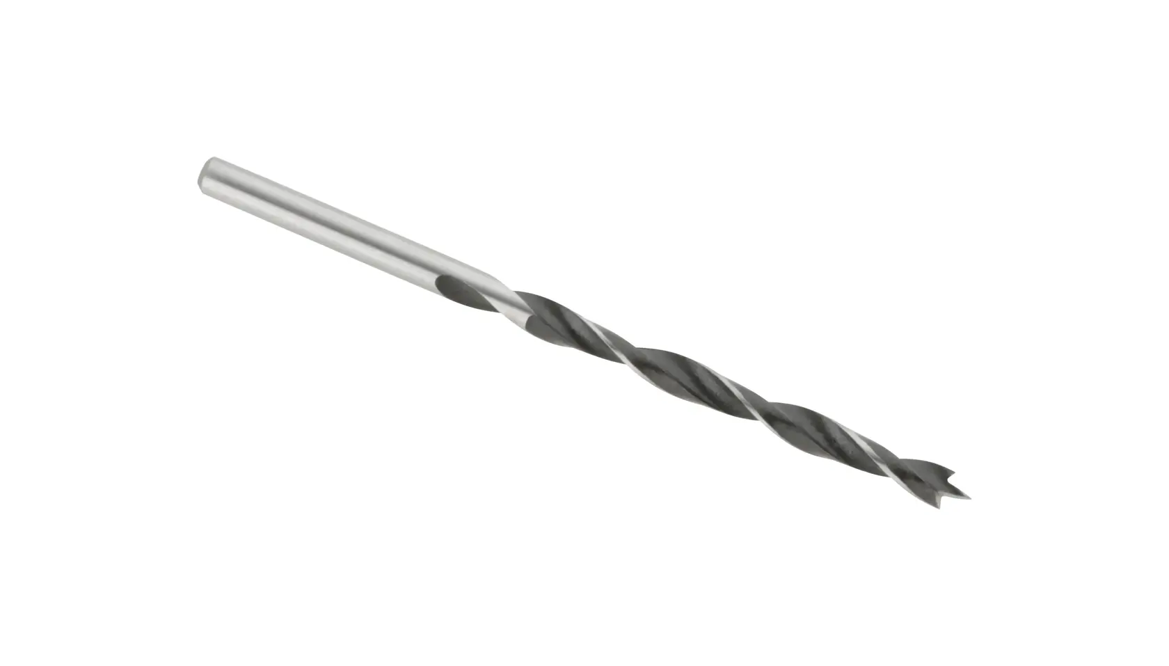 Ein einzelner Metall-Bohrer mit einer spitzen Spitze und spiralförmigen Nuten, vor weißem Hintergrund fotografiert.