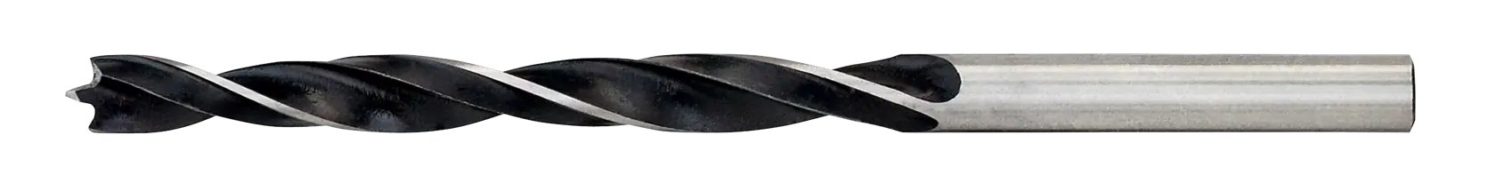 Ein Metall-Holzbohrer mit einer spitzen Spitze und spiralförmigen Nuten, dargestellt vor weißem Hintergrund.