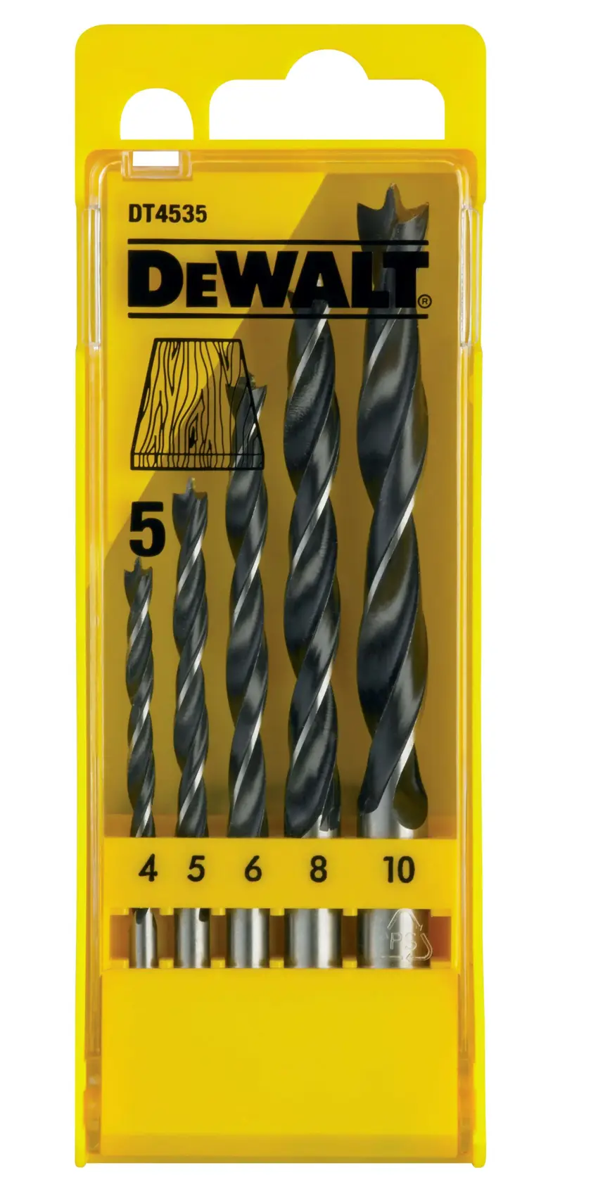 DEWALT DT4535 gelbes Set mit fünf Holzbohrern, Größen 4-10 mm sind sichtbar.