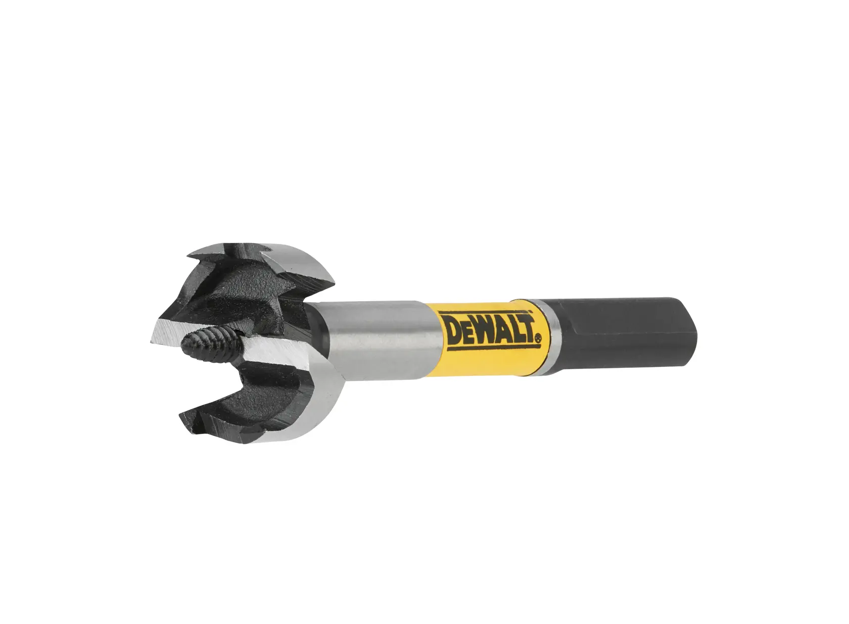 Broca para madera DEWALT DT4576 con vástago hexagonal y bordes afilados, sobre fondo blanco.