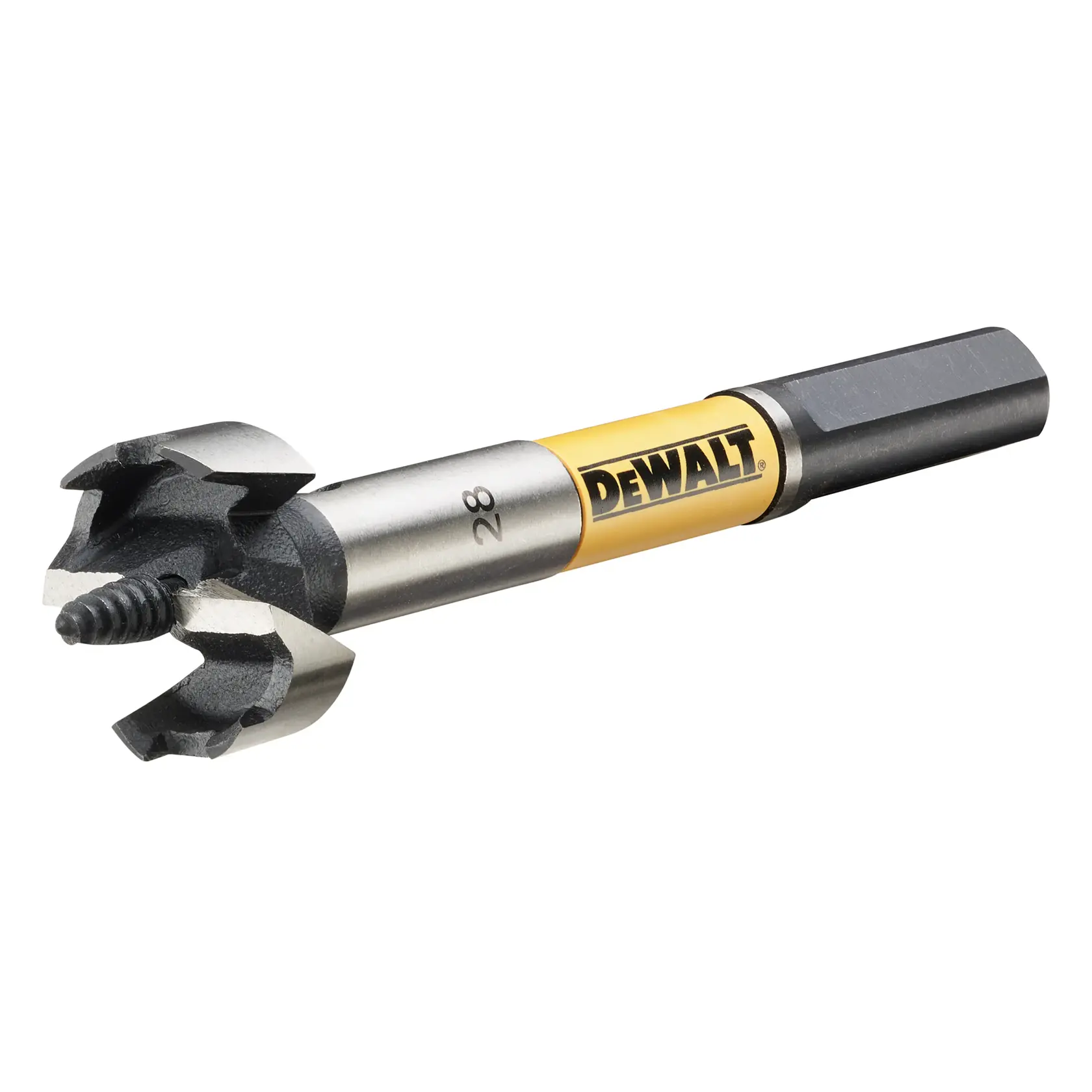 Primer plano de una broca para madera DEWALT con eje amarillo y metálico y una punta de corte especializada para taladrar agujeros.