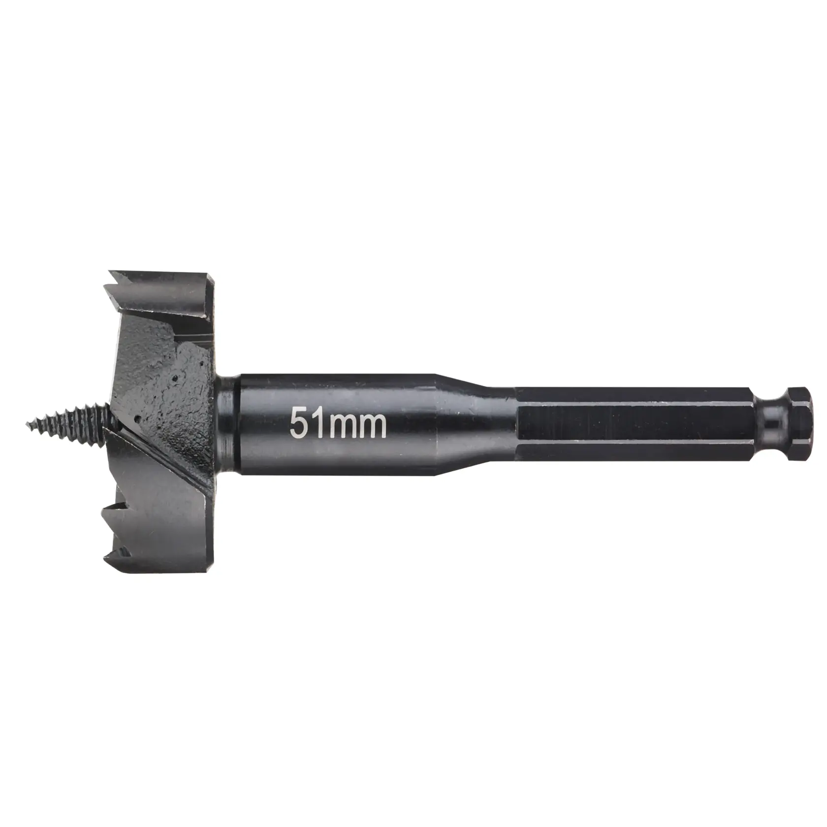 Ein DEWALT 51-mm-Holzbohrer mit einer Gewindespitze und Schneidkanten, entwickelt zum Bohren großer Löcher in Holz.