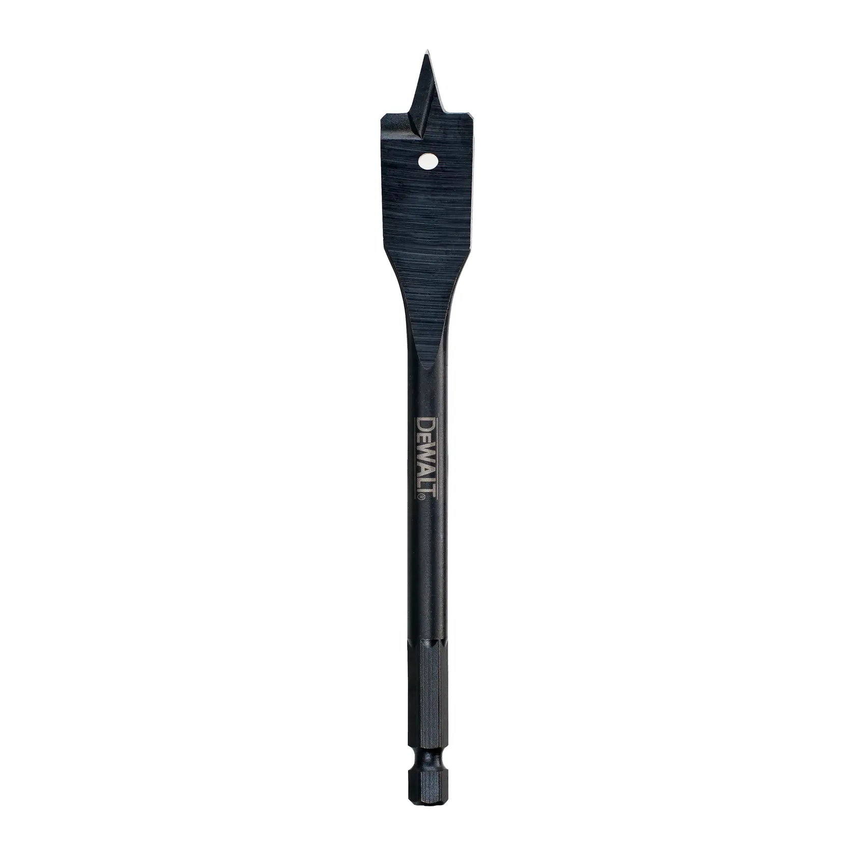 Ein flacher Holzbohrer von DEWALT mit einem sechseckigen Schaft, der zum Bohren von Löchern in Holz entwickelt wurde. Der Bohrer ist schwarz und hat eine spitze Spitze mit scharfen Kanten für effizientes Schneiden.