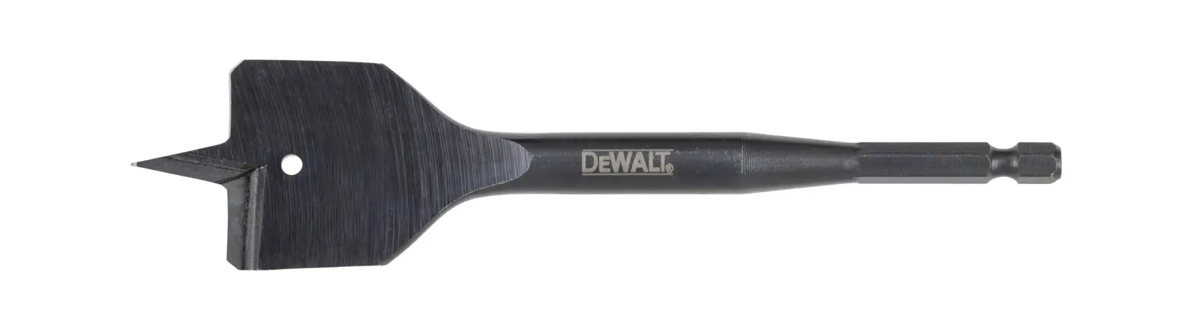 Ein DEWALT Flachfräsbohrer für Holz, entwickelt zum Bohren großer Löcher in Holz. Der Bohrer hat eine breite, flache Klinge mit einer Spitze und zwei Schneidkanten sowie einen Sechskantschaft.