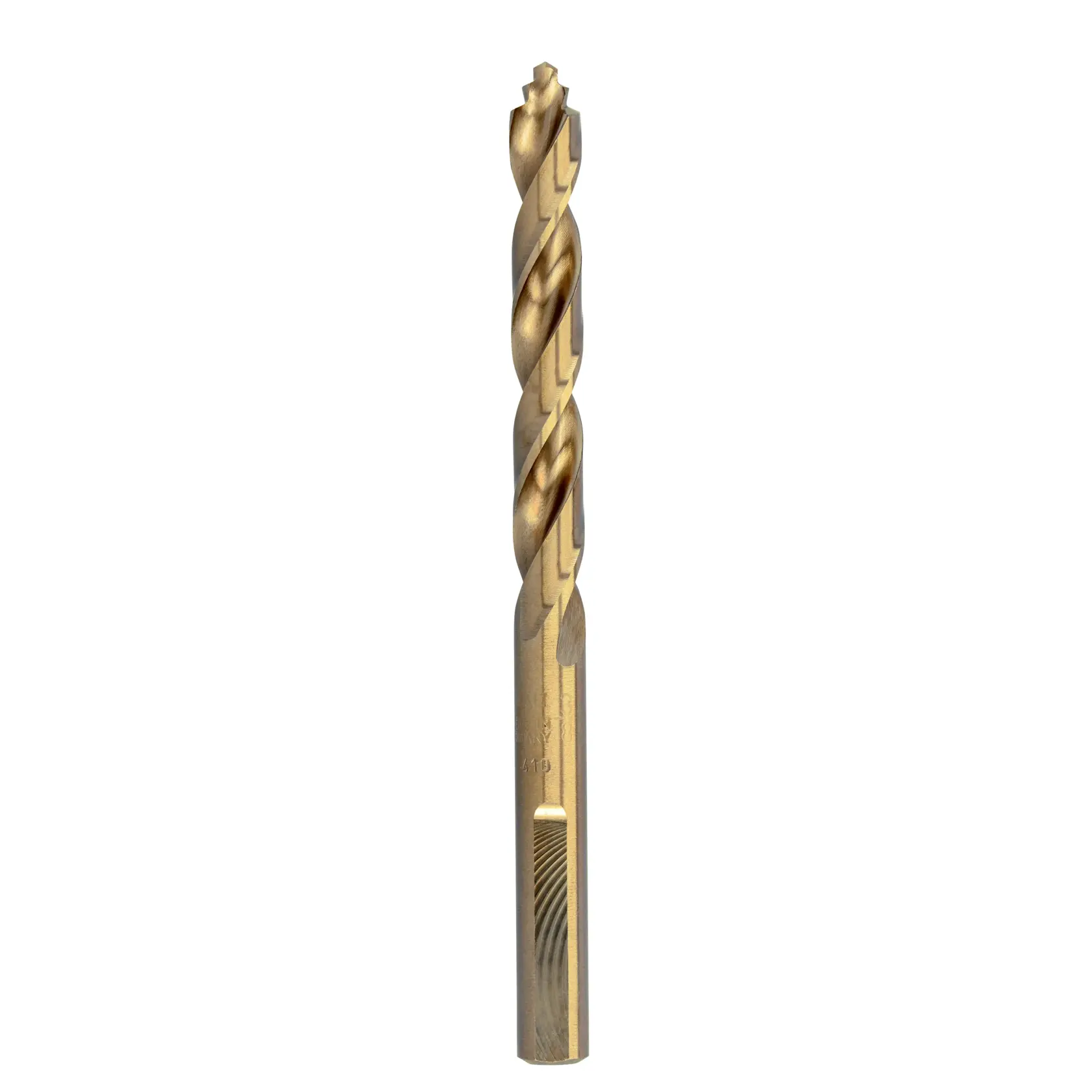 DEWALT DT4914 goldener Metallbohrer für präzises Bohren, stehend vor weißem Hintergrund.