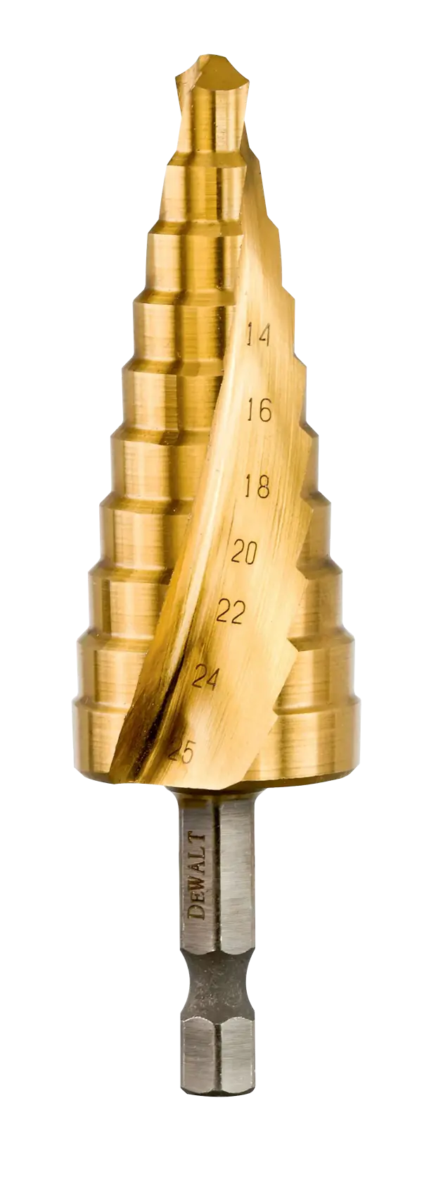 Ein goldfarbenes DEWALT-Stufenbohrer mit mehreren Durchmesserschritten und eingravierten Größenmarkierungen, zum Bohren verschiedener Lochgrößen in Metall- oder Kunststoffoberflächen.