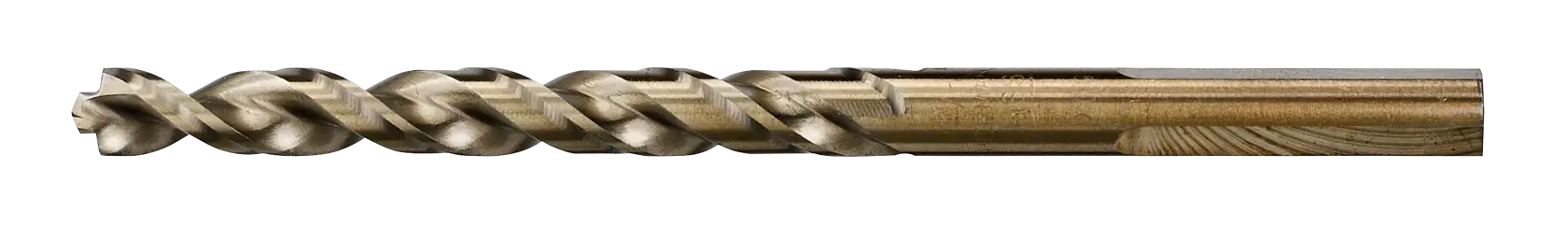 Broca de metal con espiral, mostrada aislada sobre fondo blanco.