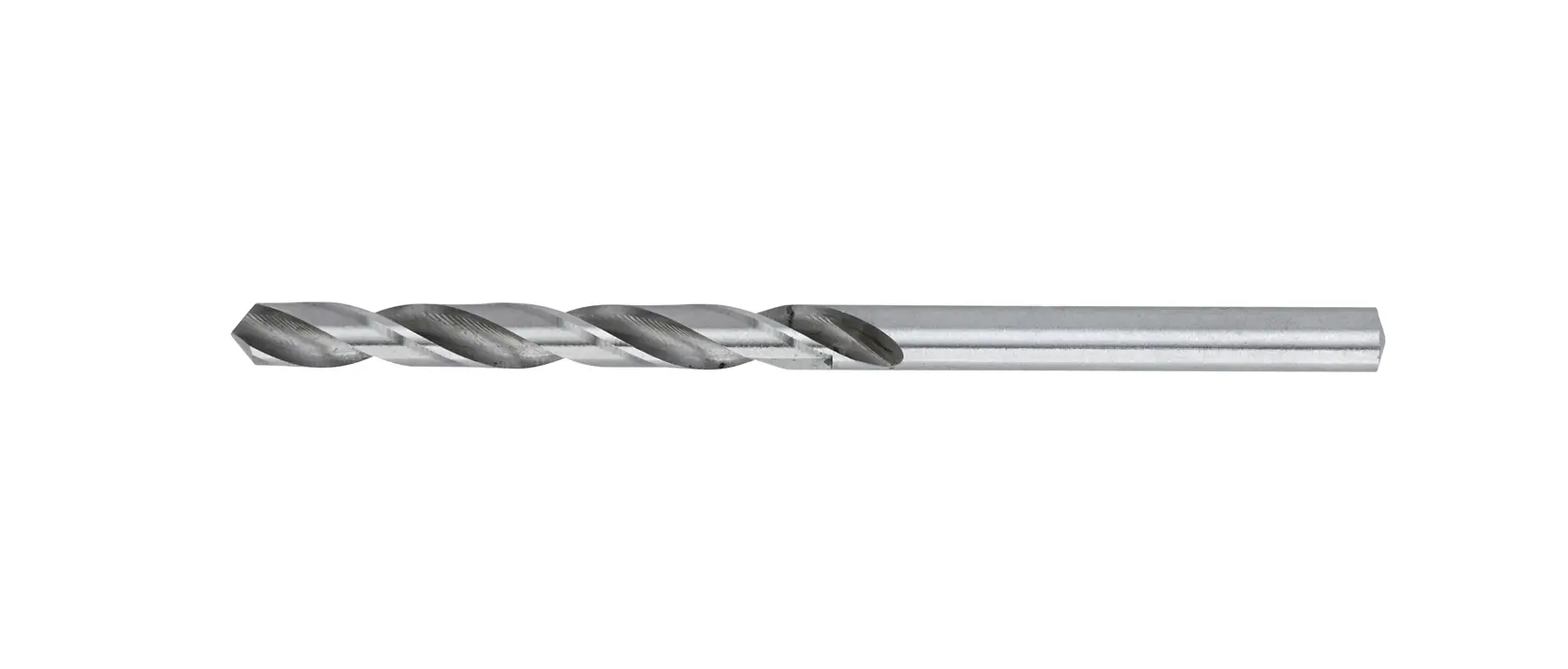 Broca metálica DEWALT con vástago recto y ranuras en espiral sobre fondo blanco.