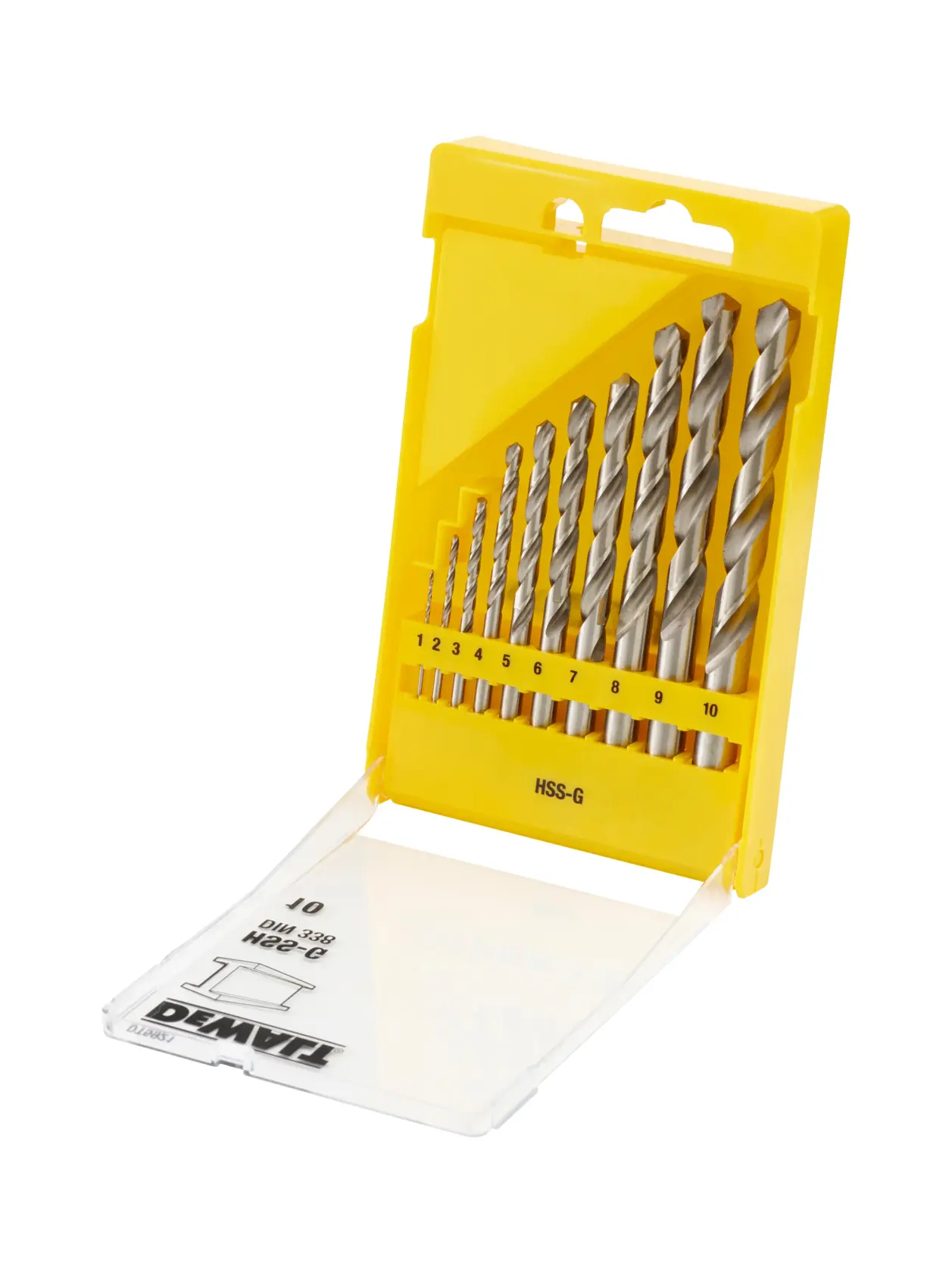 Set de brocas DEWALT amarillo con diez tamaños en caja plástica, tapa abierta, brocas ordenadas por tamaño.
