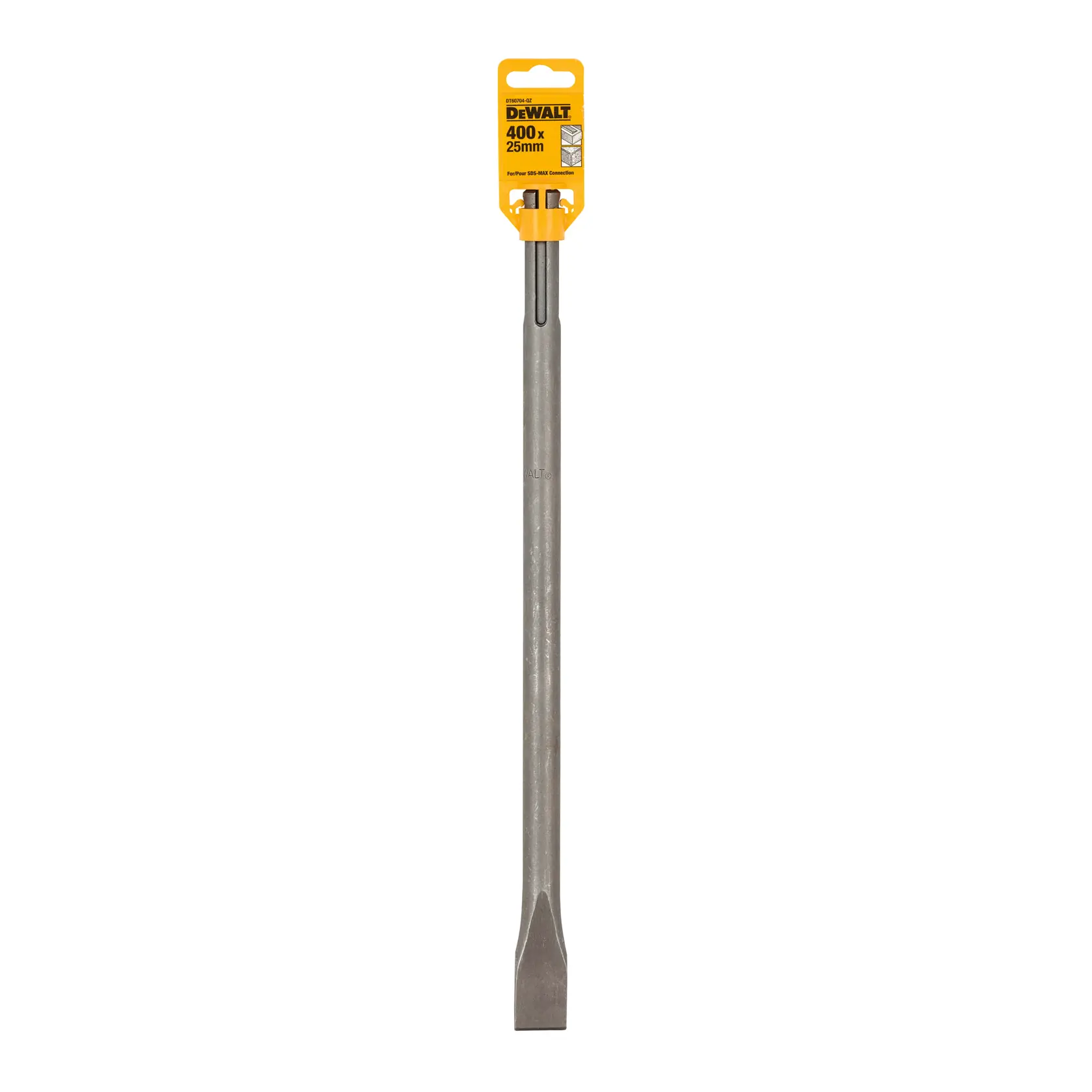 Cincel plano DEWALT, 400mm x 25mm, etiqueta amarilla, para construcción y demolición.