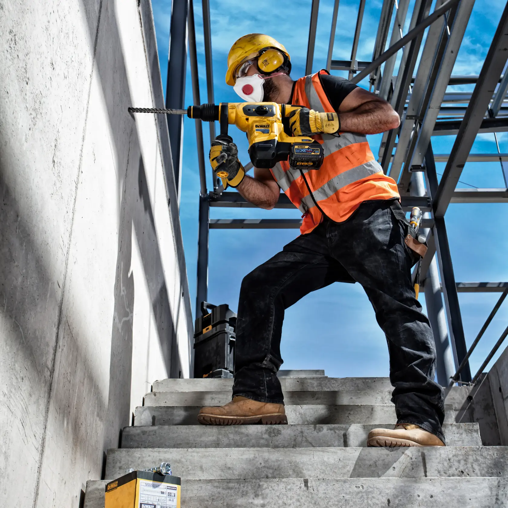 Arbeiter nutzt DEWALT-Bohrer an Betonwand. DT60814, DT60814-QZ. Baustelle, Sicherheit sichtbar.