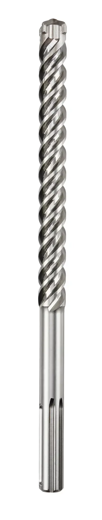 Una broca de martillo SDS DEWALT con diseño en espiral y punta de carburo, utilizada para perforar concreto o mampostería.