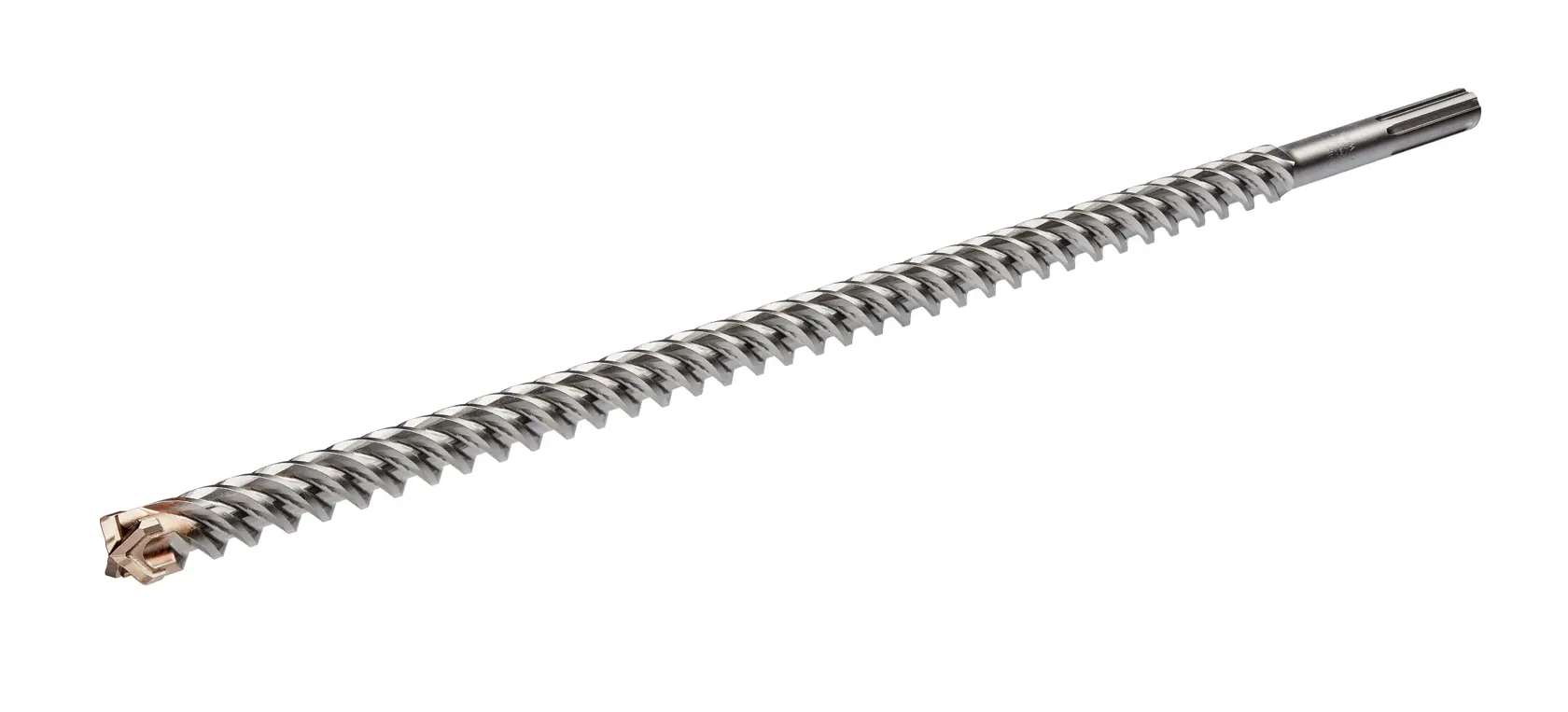 Ein DEWALT SDS-max Bohrer mit Spiraldesign und Hartmetallspitze, auf weißem Hintergrund platziert.