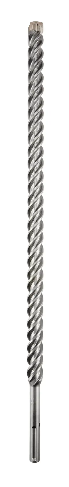 Langer, spiralförmiger Metallbohrer für SDS-Bohrhammer, auf weißem Hintergrund gezeigt.