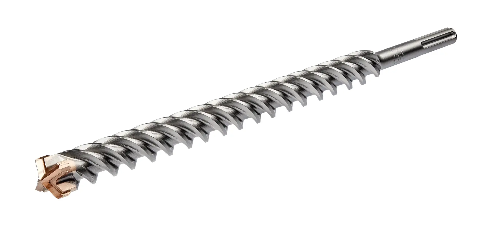 Ein DEWALT Drehhammer-Bohrer mit Spiralnut und Hartmetallspitze, geeignet zum Bohren in Beton und Mauerwerk. Der Bohrer ist vor weißem Hintergrund abgebildet.