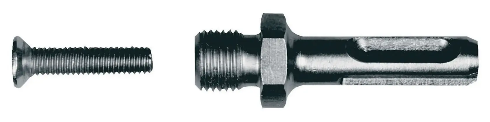 Nahaufnahme eines DEWALT DT7030 Adapters und einer Metallschraube auf weißem Hintergrund.