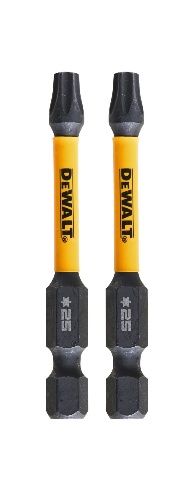Zwei DEWALT DT70534T Schrauberbits mit gelbem Schaft und schwarzer Spitze, stehend auf weißem Hintergrund.