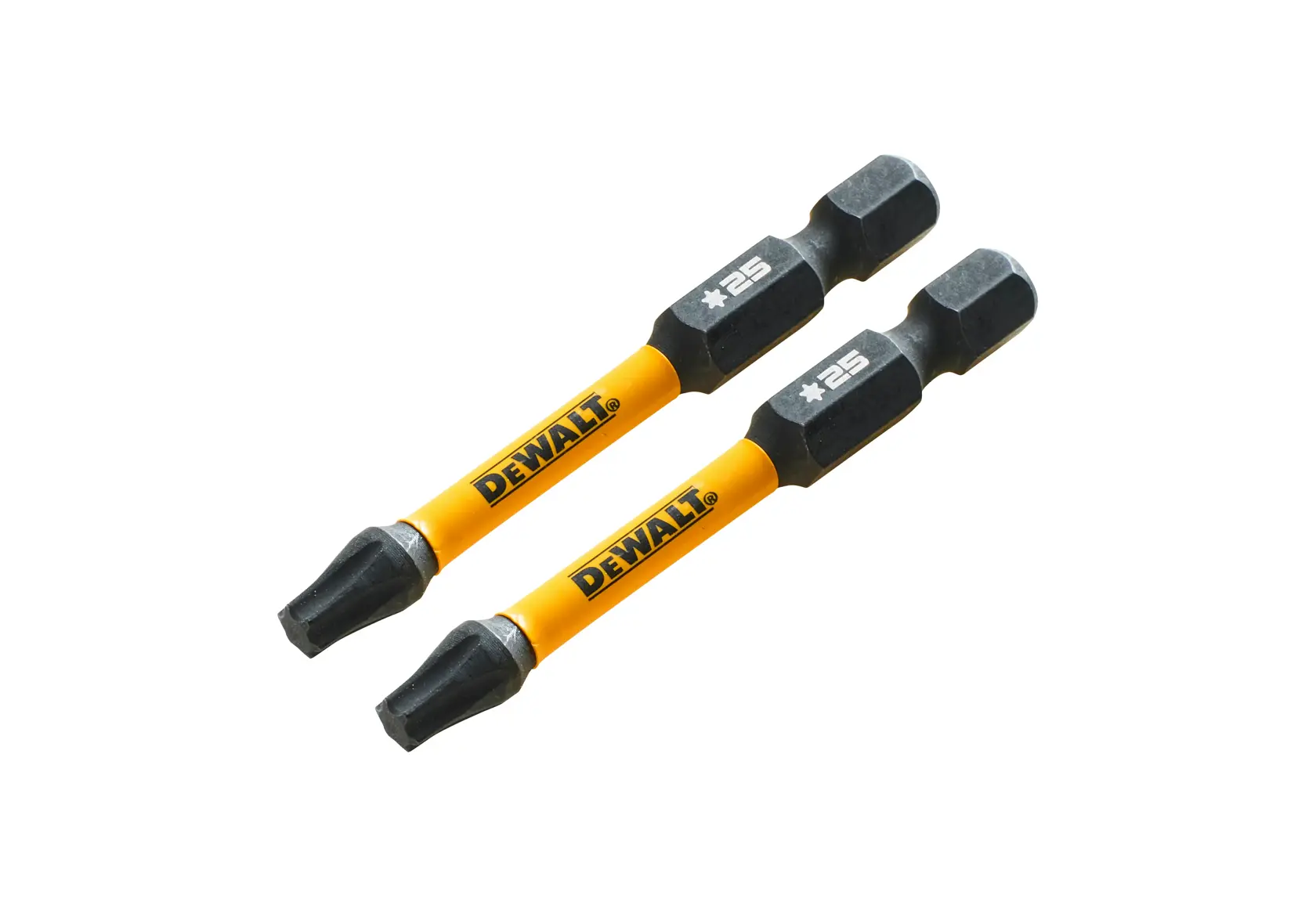 Zwei DEWALT Schrauber-Bits mit gelbem Schaft und schwarzer Spitze, geeignet für Elektrowerkzeuge.