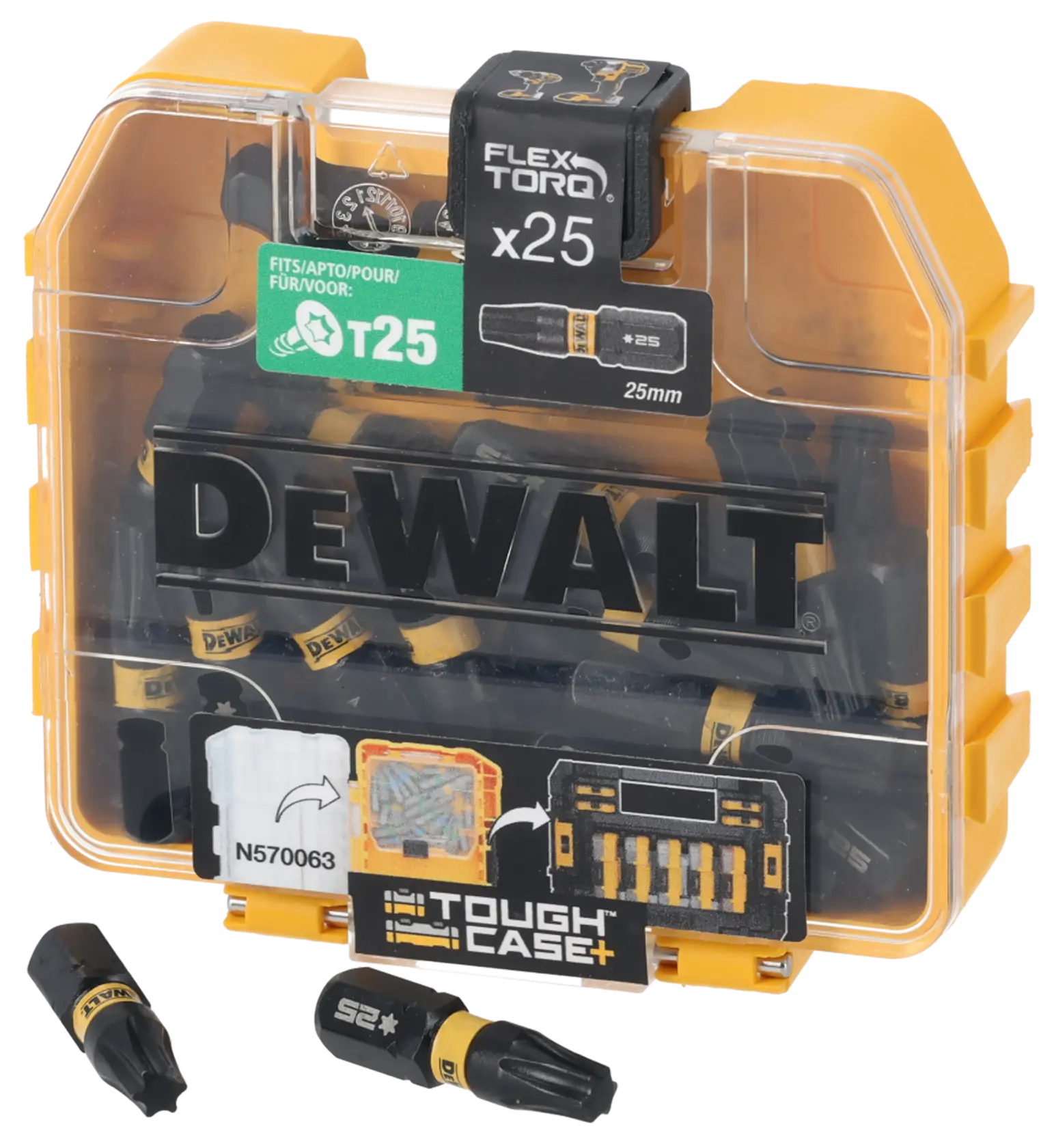 DEWALT FlexTorq T25 Set mit 25 Schrauberbits in gelber, transparenter Box mit schwarzem Logo.